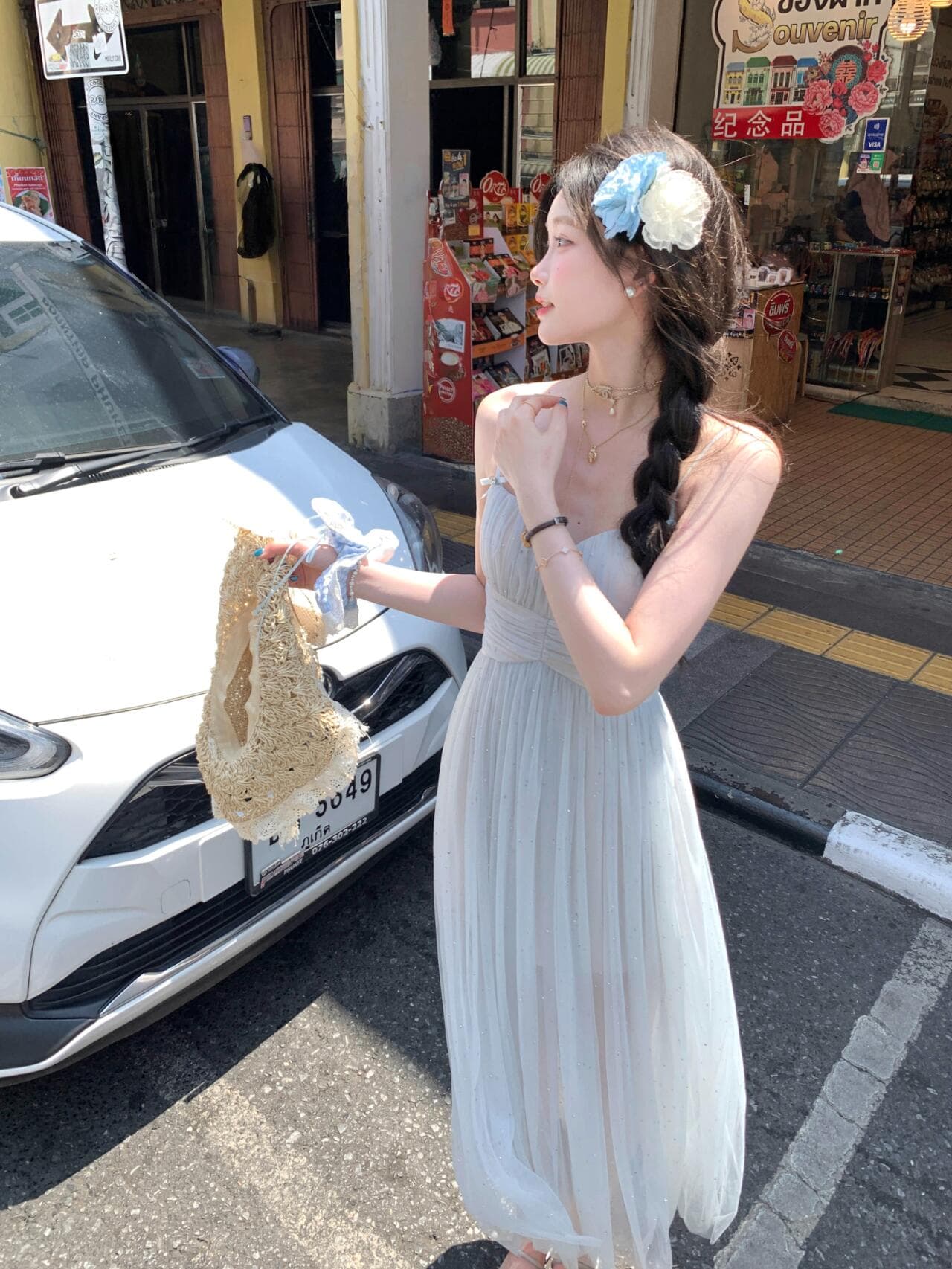 있음 선적 파란색 망사 깨진 훈련 휴가 바람 슬립 드레스 여성 여름 해변가 여행 V넥 섹시함 한 마디 롱 스커트 상세 이미지 13