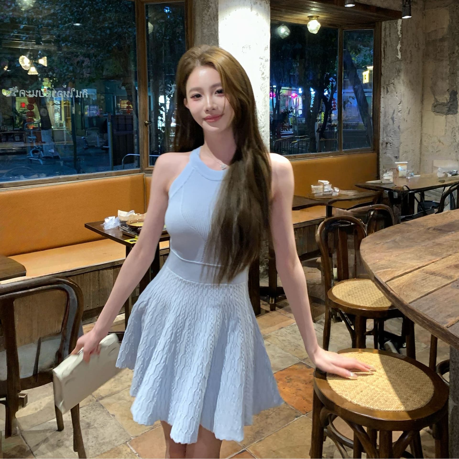 있음 선적 순수한 흰색 사랑 행침 목 니트 여성 드레스 여름 품격 고급 센스 몸매 가꾸기 허리 수축 A라인 스커트 이미지 6