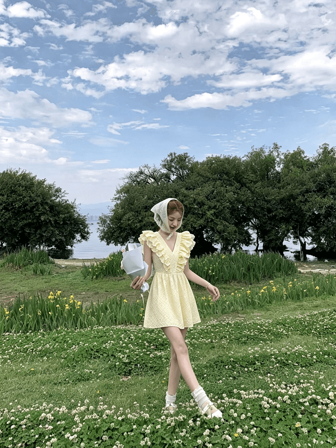 있음 선적 프랑스식 황색 Feifei 소매 여성 드레스 허리 수축 여름 고급 질감 센스 달콤함 천 골드 미니 스커트 상세 이미지 16