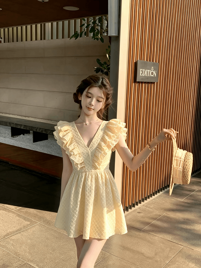 있음 선적 프랑스식 황색 Feifei 소매 여성 드레스 허리 수축 여름 고급 질감 센스 달콤함 천 골드 미니 스커트 상세 이미지 21