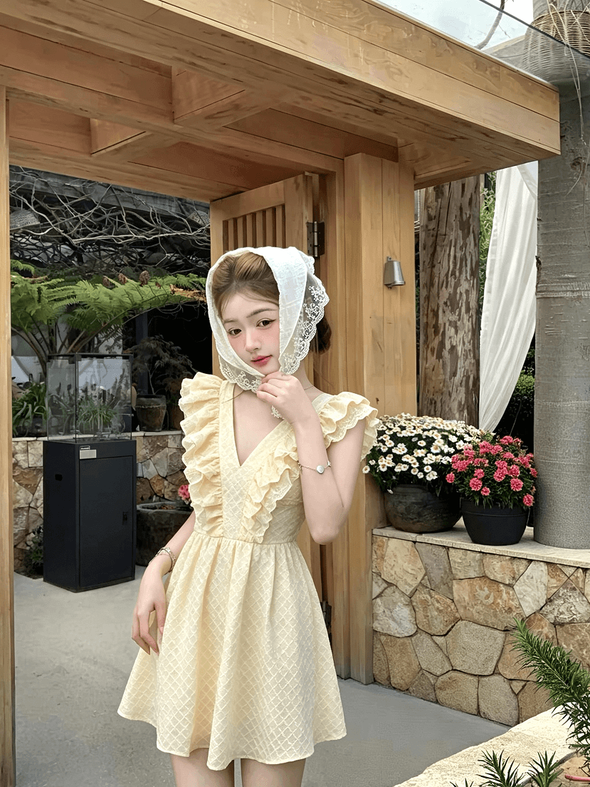 있음 선적 프랑스식 황색 Feifei 소매 여성 드레스 허리 수축 여름 고급 질감 센스 달콤함 천 골드 미니 스커트 이미지 3