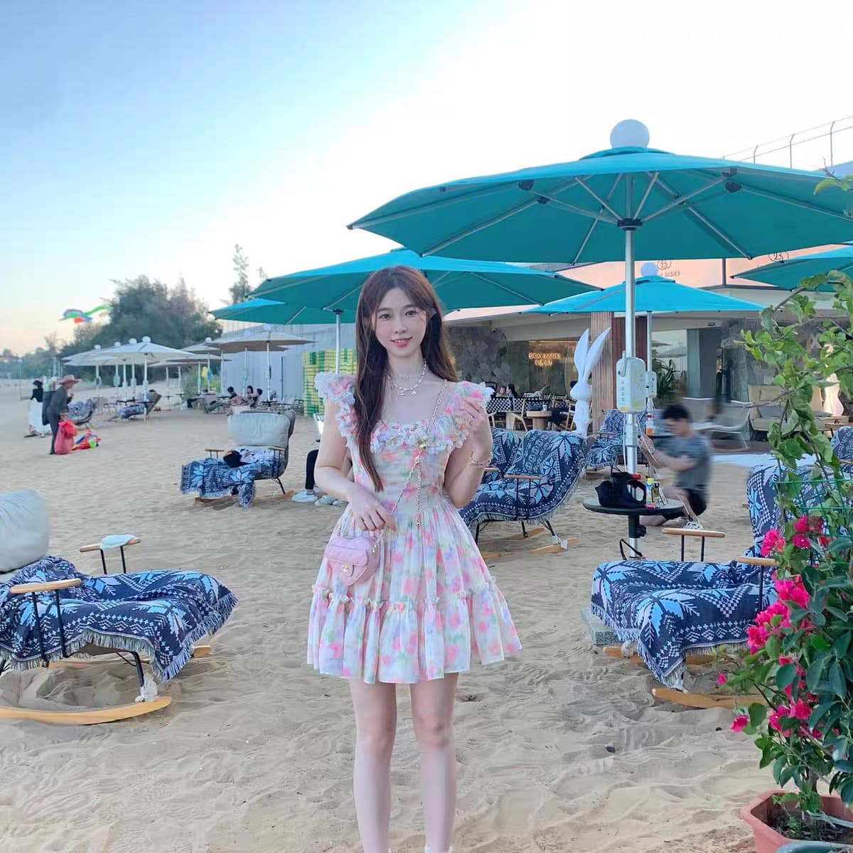 있음 선적 해변가 휴가 프랑스식 품격 여성 드레스 여름 부드러운 Chic 작은 날다 소매 꽃무늬 요정 치마