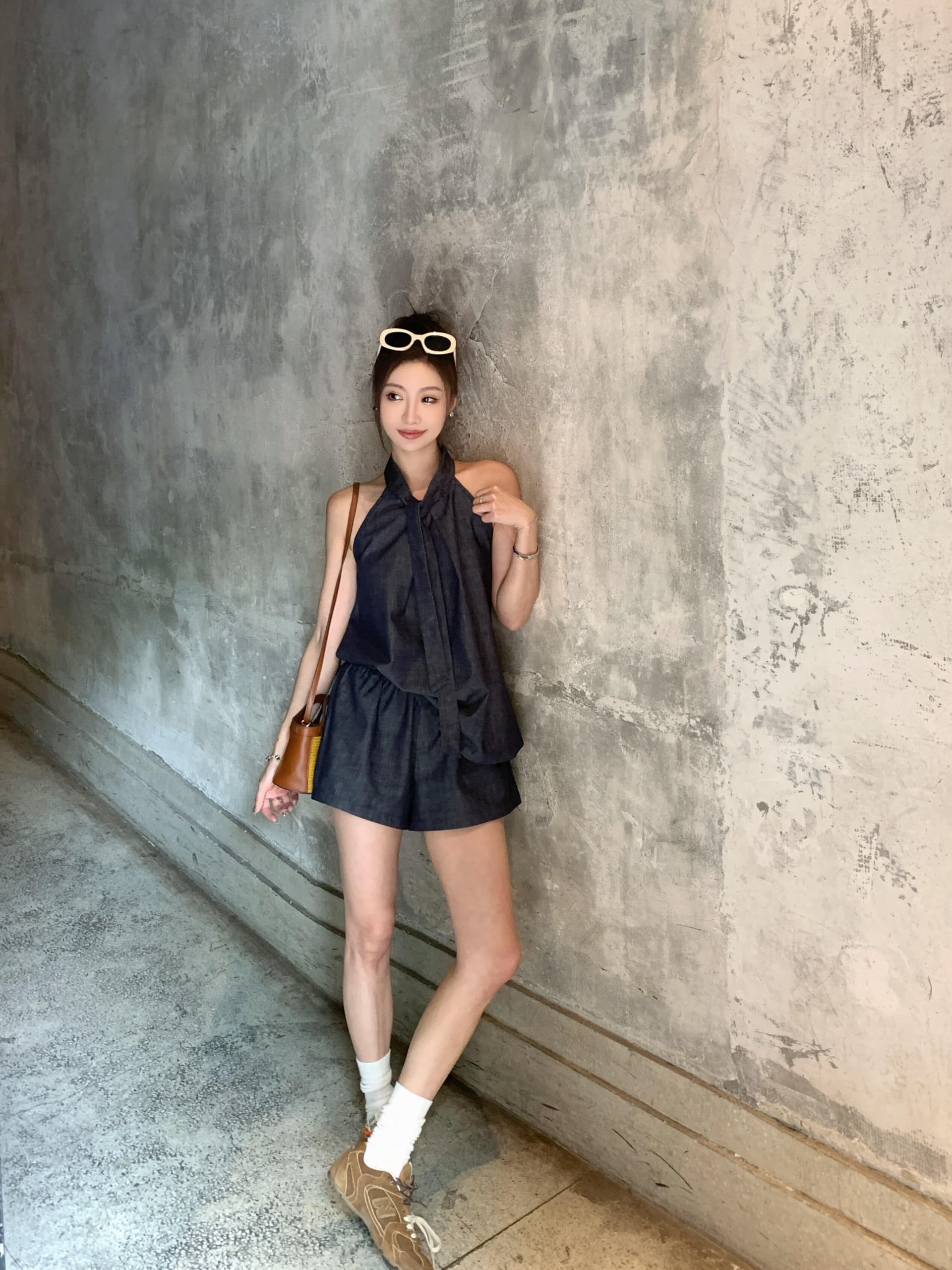 있음 선적 고급 센스 행침 목 데님 조끼 반바지 투피스 세트 여름 새로운 루즈핏 슬림해 보이는 통기성 세트 이미지 4