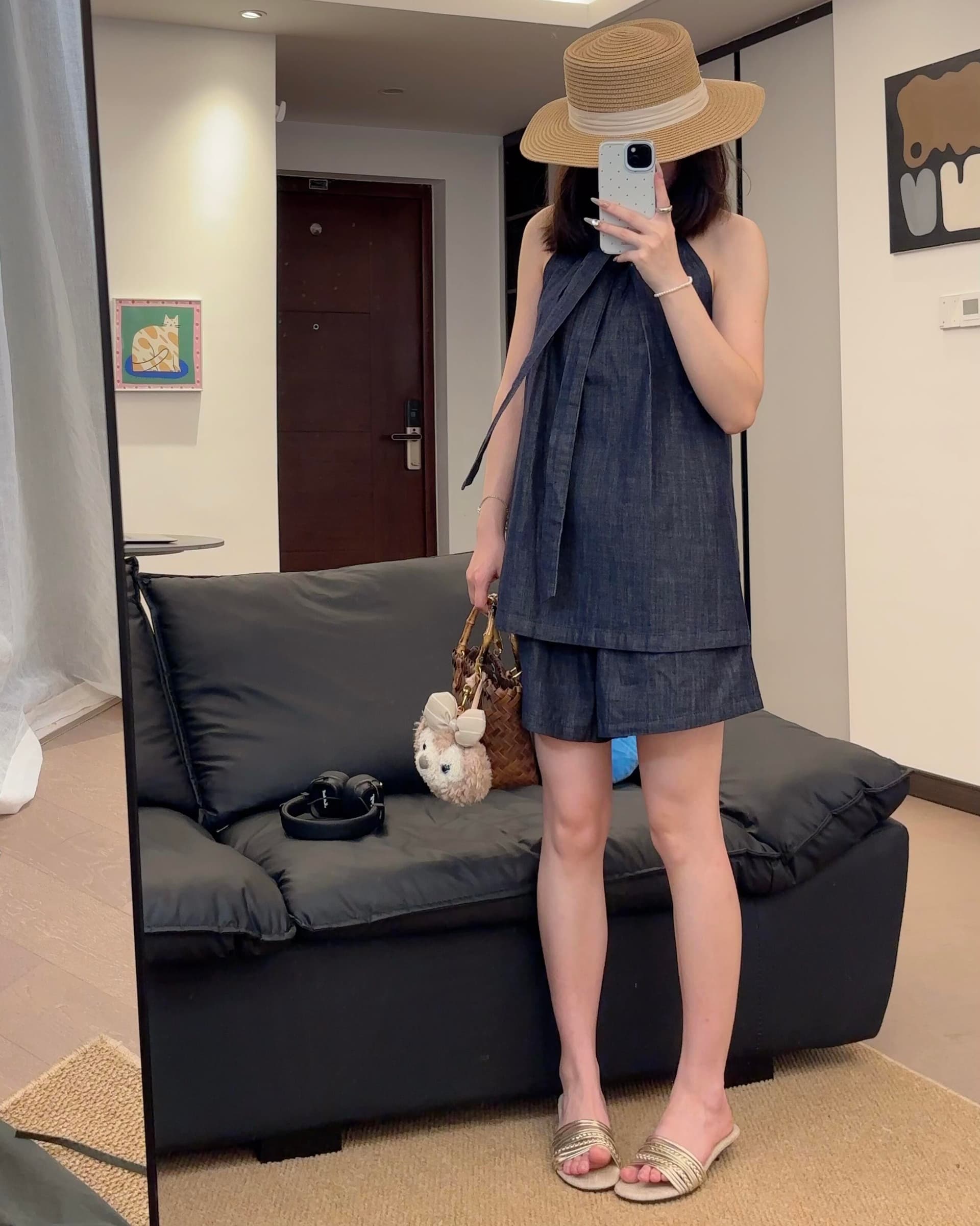 있음 선적 고급 센스 행침 목 데님 조끼 반바지 투피스 세트 여름 새로운 루즈핏 슬림해 보이는 통기성 세트 상세 이미지 15