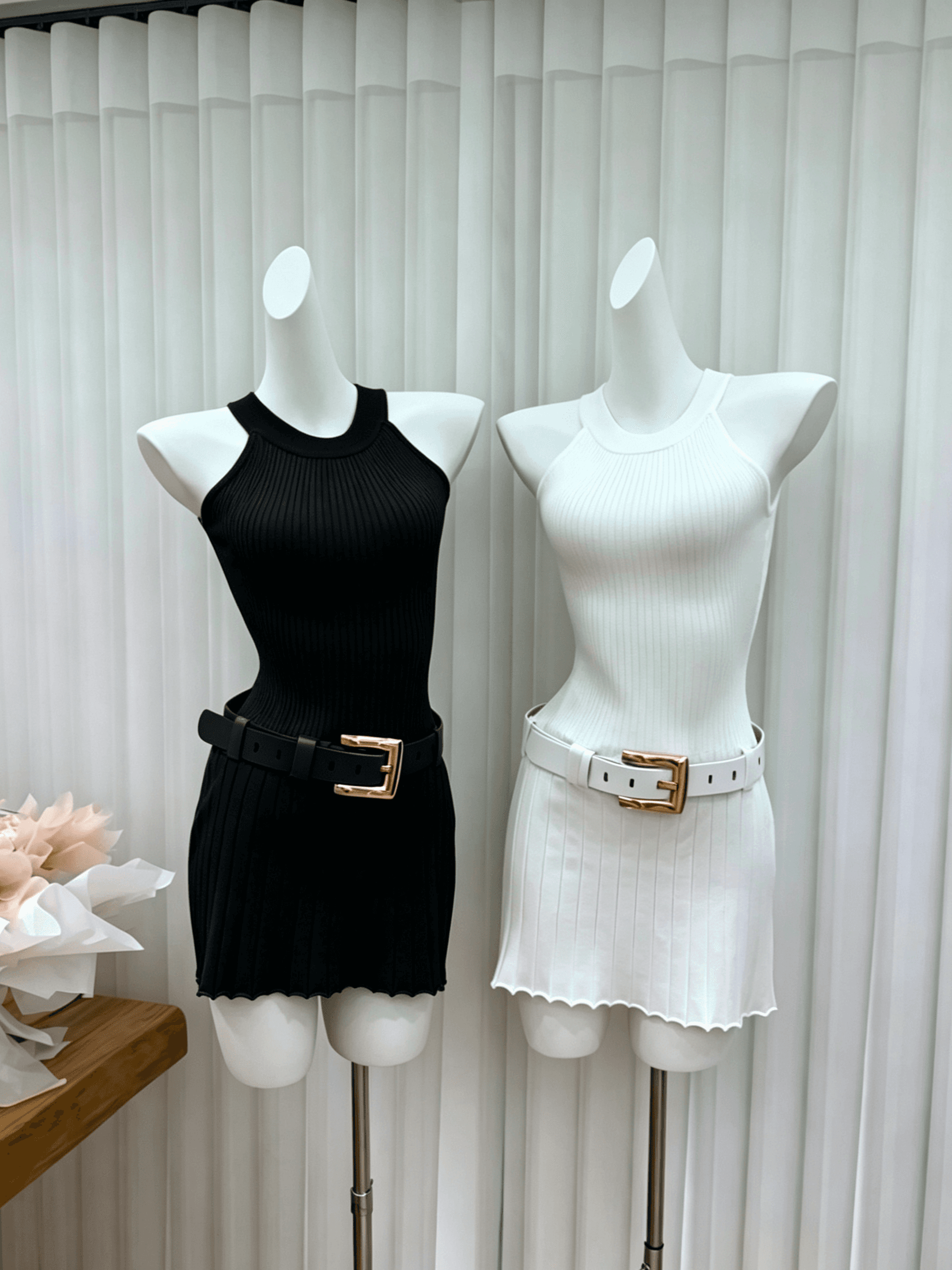 있음 선적 화이트 제직 조용한 시리아 수직 구덩이 기사 니트 행침 목 여성 드레스 여름 섹시함 오프숄더 플리츠 스커트 허리 수축 치마 상세 이미지 8