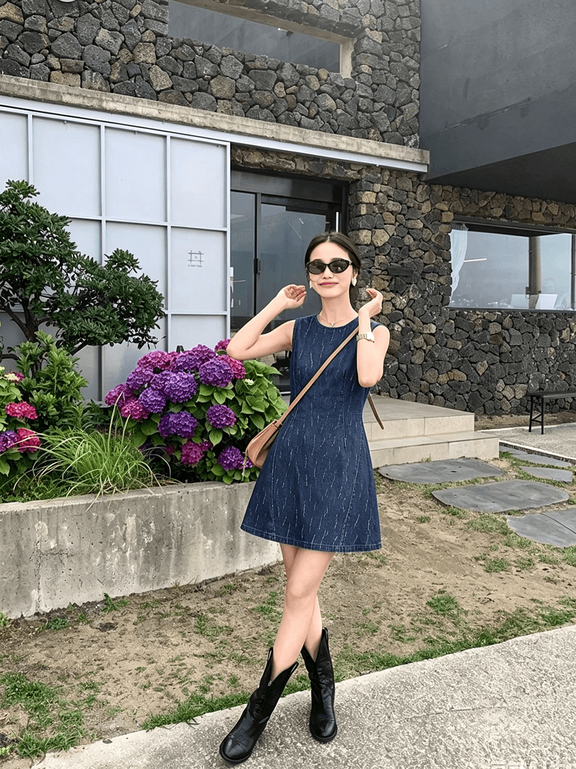 있음 선적 프랑스식 레트로 순면 자카드 데님 여성 드레스 서있는 자르다 허리 수축 슬림해 보이는 쇼트 스타일 한 마디 조끼 스커트 상세 이미지 6