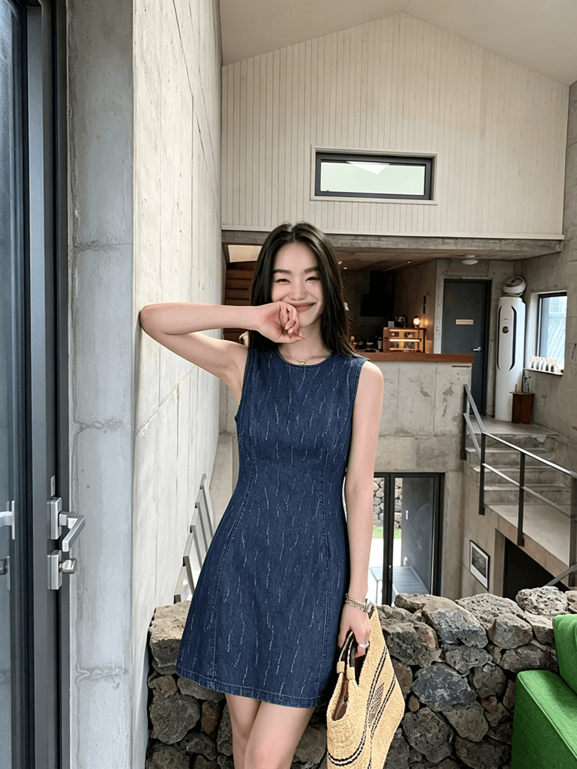 있음 선적 프랑스식 레트로 순면 자카드 데님 여성 드레스 서있는 자르다 허리 수축 슬림해 보이는 쇼트 스타일 한 마디 조끼 스커트 상세 이미지 8