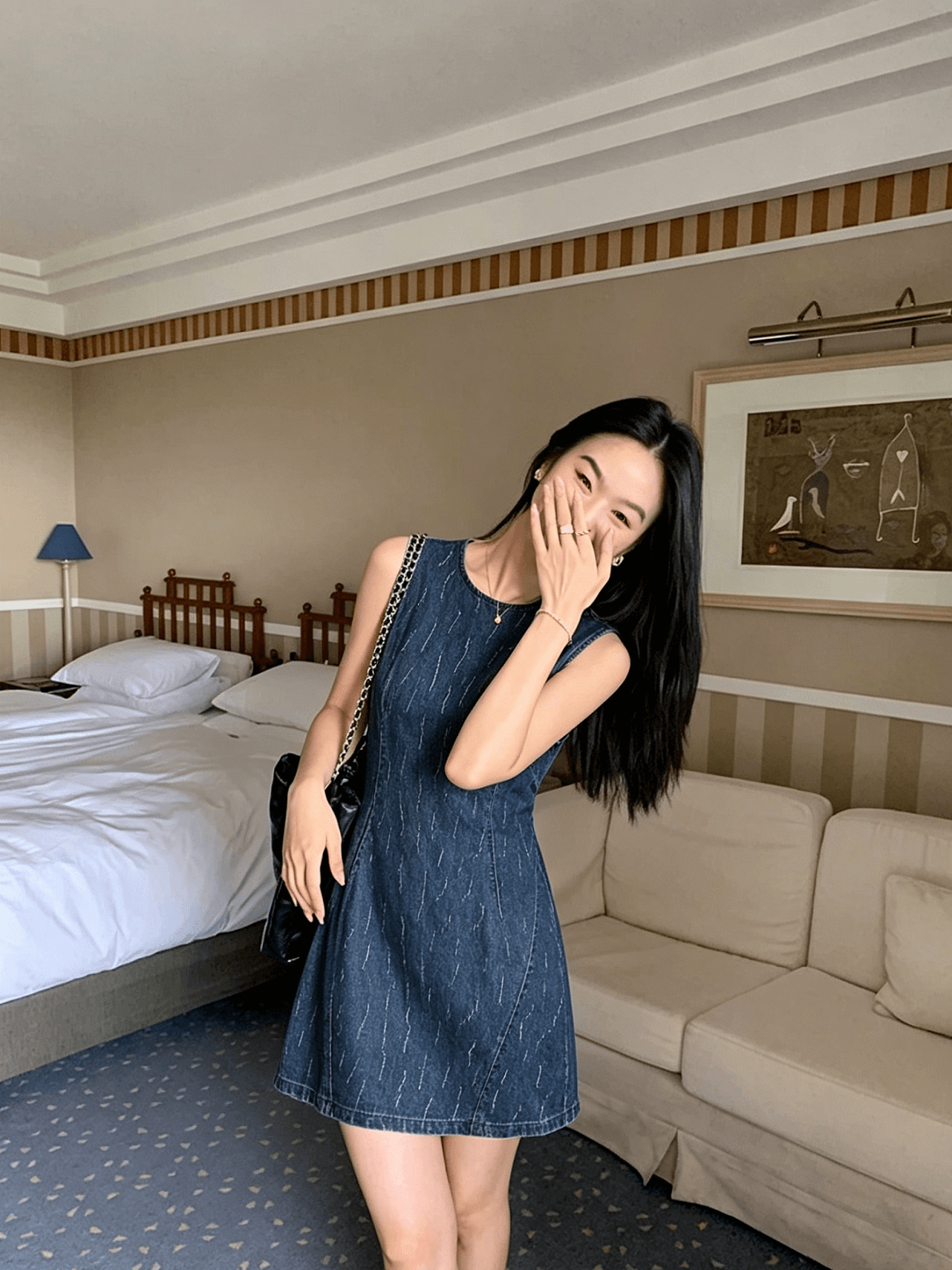 있음 선적 프랑스식 레트로 순면 자카드 데님 여성 드레스 서있는 자르다 허리 수축 슬림해 보이는 쇼트 스타일 한 마디 조끼 스커트