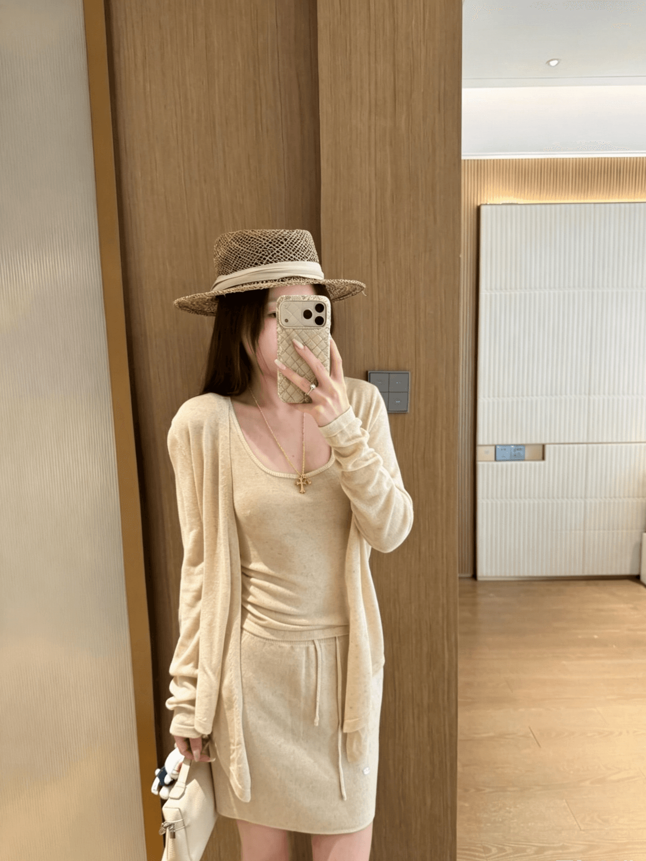 있음 선적 오래된 돈 느슨함 3종 세트 아마 대나무 마디 실 16 바늘 정밀 기계직 오픈 가디건 슬립 반 스커트 세트