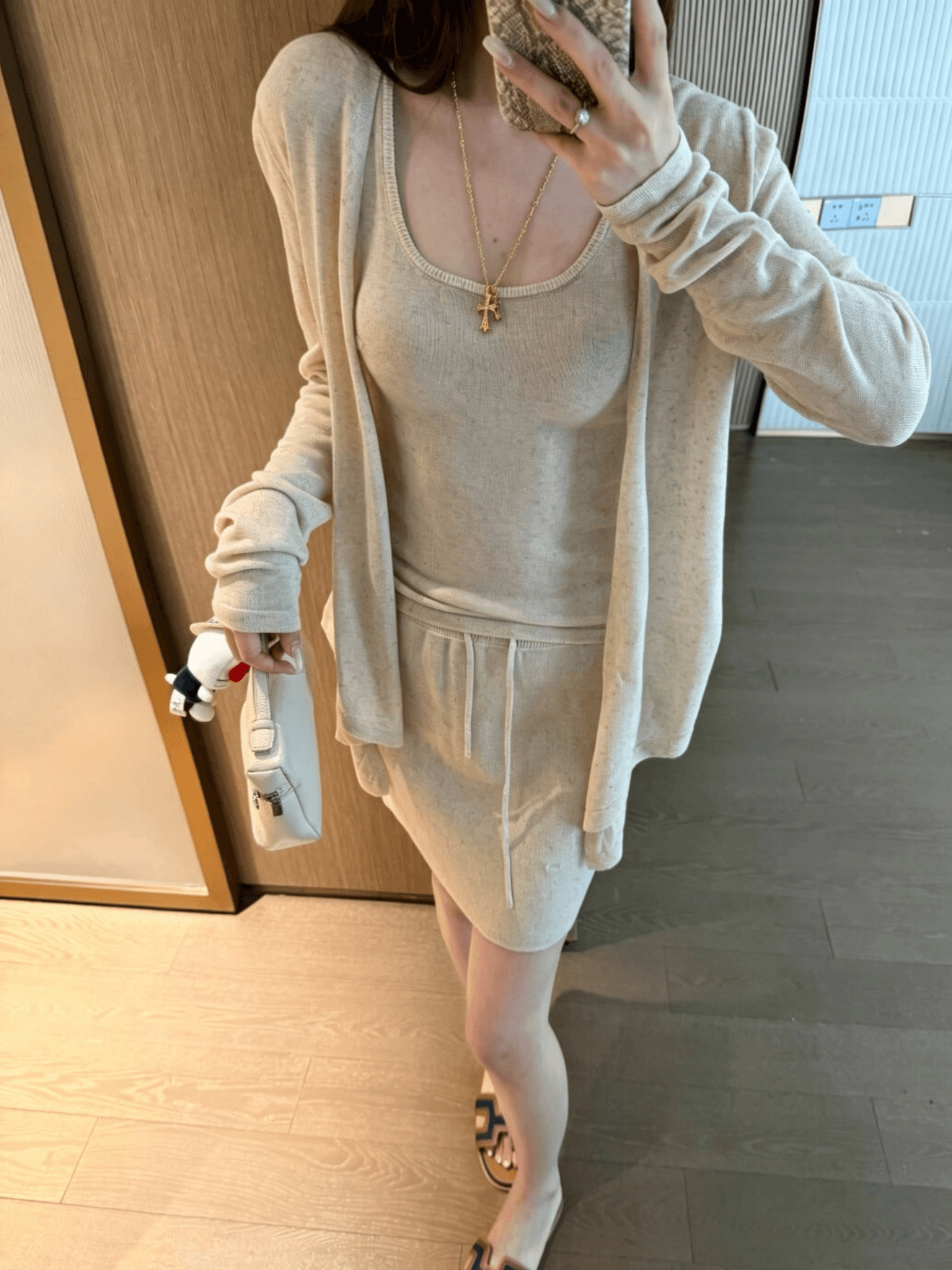있음 선적 오래된 돈 느슨함 3종 세트 아마 대나무 마디 실 16 바늘 정밀 기계직 오픈 가디건 슬립 반 스커트 세트 상세 이미지 12