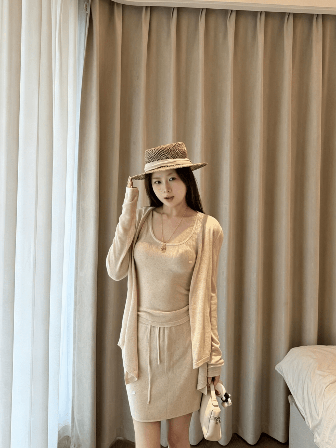 있음 선적 오래된 돈 느슨함 3종 세트 아마 대나무 마디 실 16 바늘 정밀 기계직 오픈 가디건 슬립 반 스커트 세트 상세 이미지 13