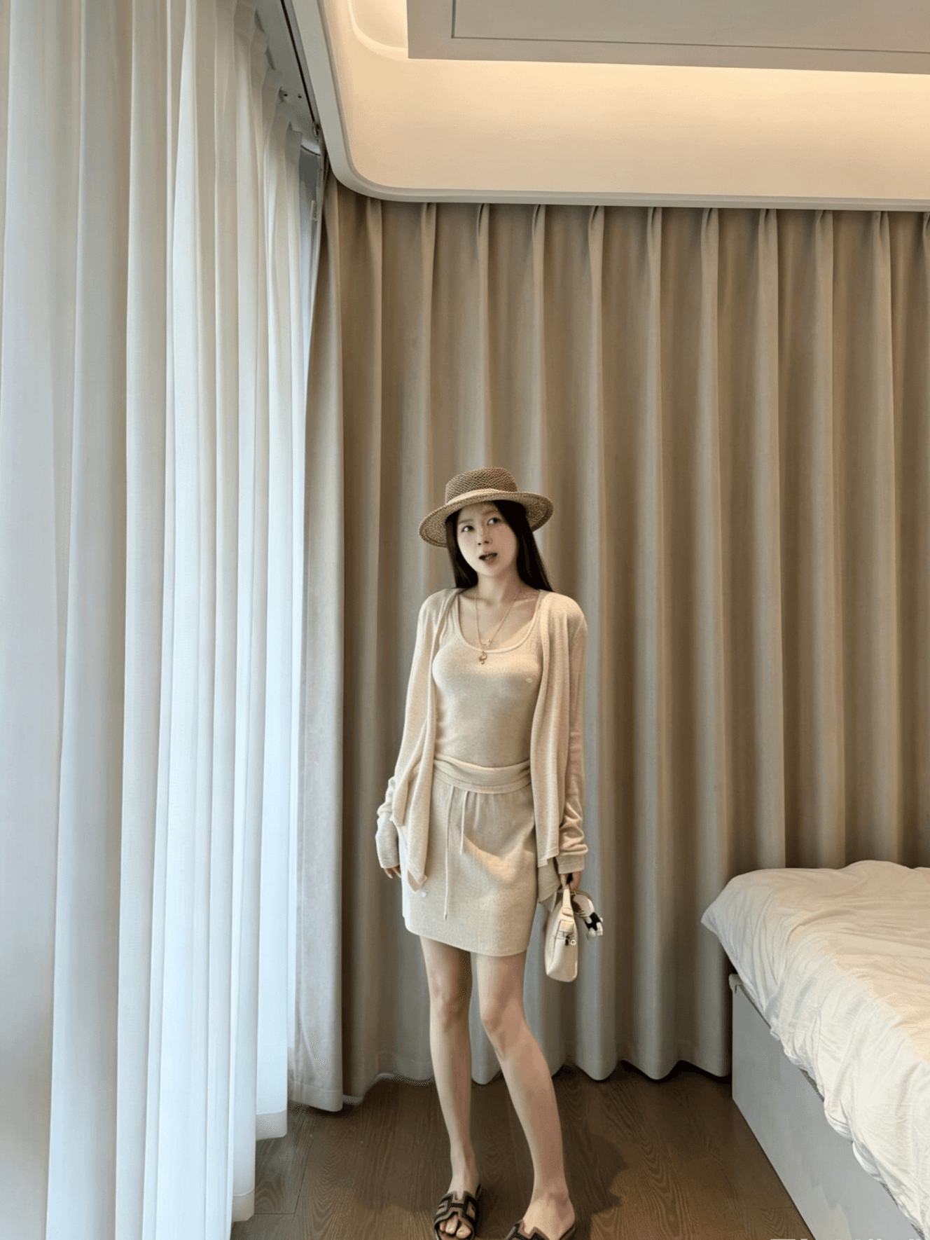 있음 선적 오래된 돈 느슨함 3종 세트 아마 대나무 마디 실 16 바늘 정밀 기계직 오픈 가디건 슬립 반 스커트 세트 상세 이미지 14