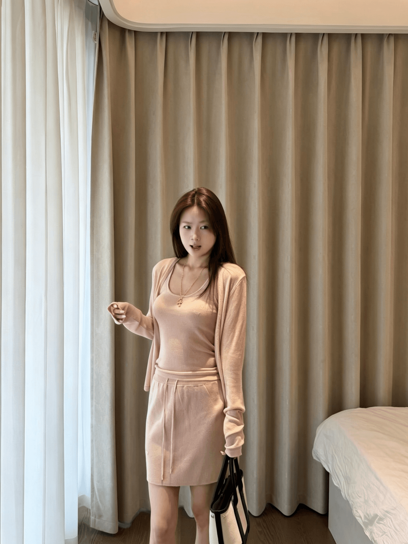 있음 선적 오래된 돈 느슨함 3종 세트 아마 대나무 마디 실 16 바늘 정밀 기계직 오픈 가디건 슬립 반 스커트 세트 상세 이미지 18