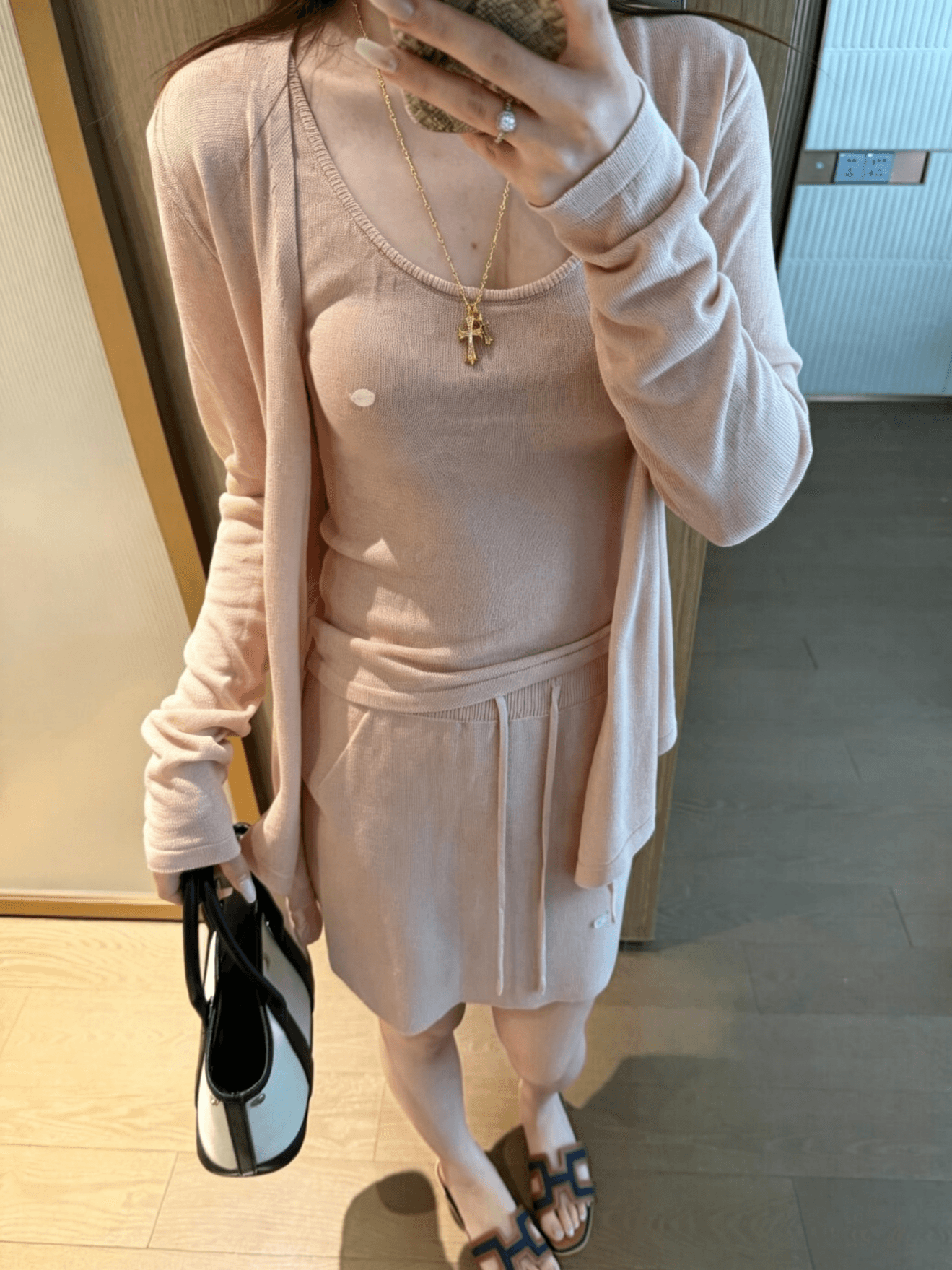 있음 선적 오래된 돈 느슨함 3종 세트 아마 대나무 마디 실 16 바늘 정밀 기계직 오픈 가디건 슬립 반 스커트 세트 상세 이미지 21
