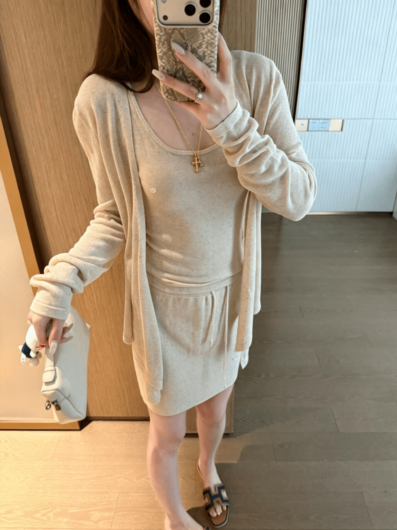 있음 선적 오래된 돈 느슨함 3종 세트 아마 대나무 마디 실 16 바늘 정밀 기계직 오픈 가디건 슬립 반 스커트 세트 상세 이미지 24
