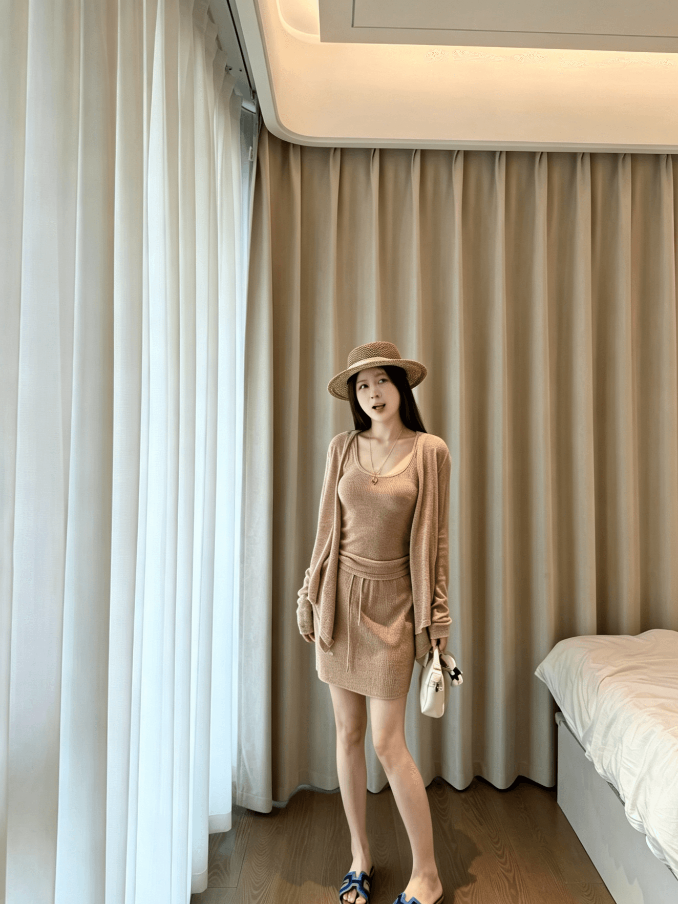 있음 선적 오래된 돈 느슨함 3종 세트 아마 대나무 마디 실 16 바늘 정밀 기계직 오픈 가디건 슬립 반 스커트 세트 상세 이미지 28