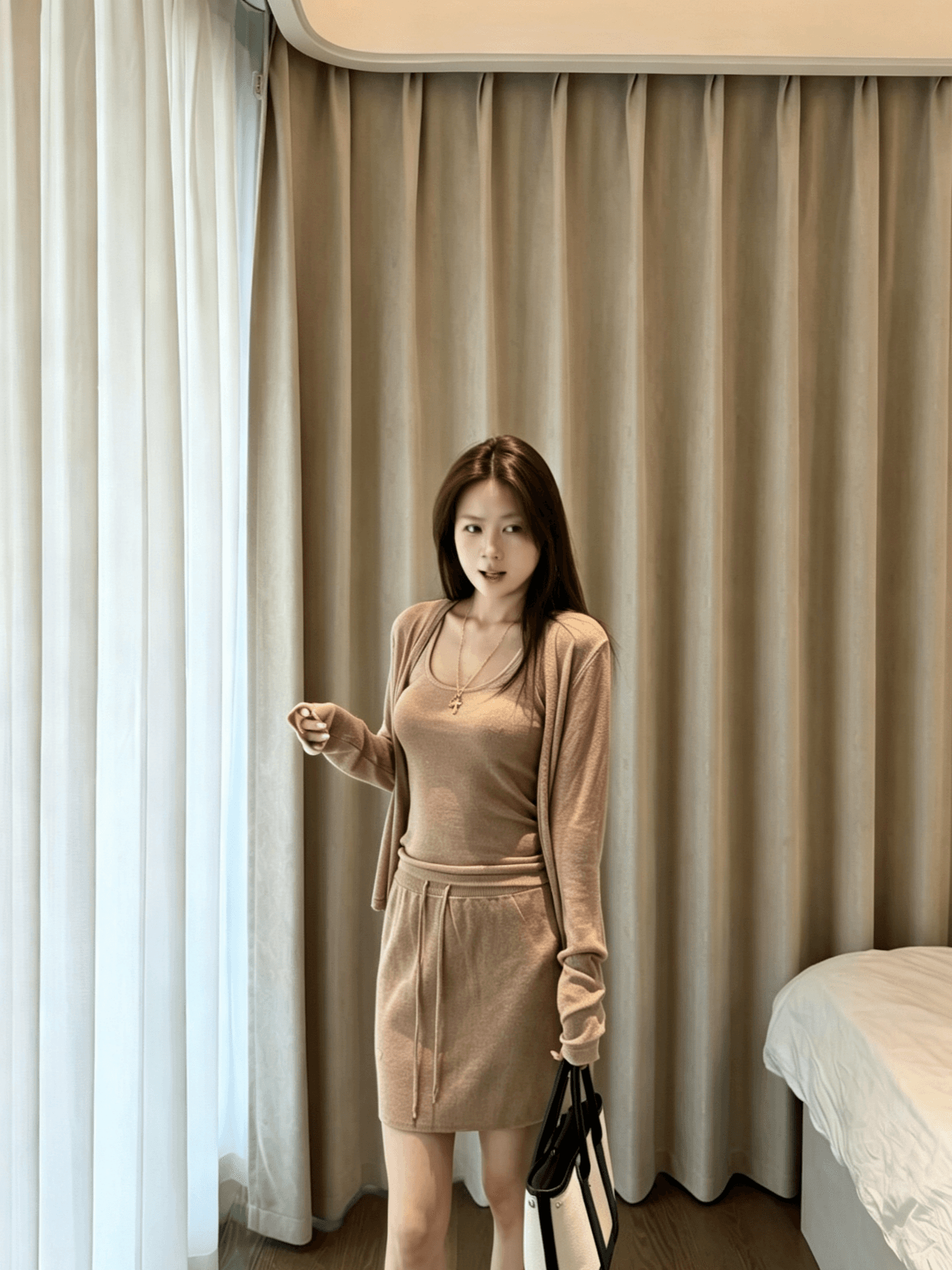 있음 선적 오래된 돈 느슨함 3종 세트 아마 대나무 마디 실 16 바늘 정밀 기계직 오픈 가디건 슬립 반 스커트 세트 상세 이미지 29