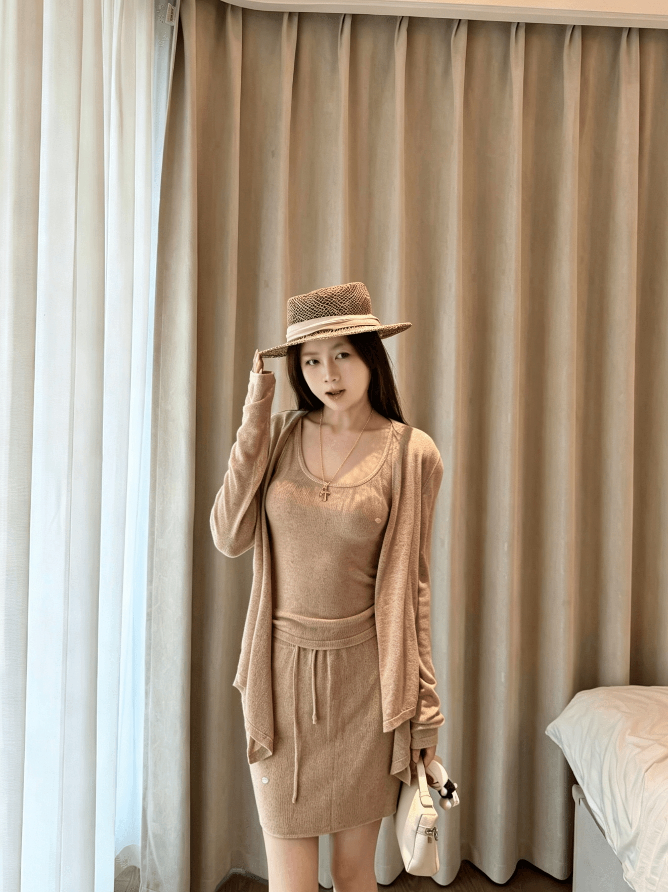 있음 선적 오래된 돈 느슨함 3종 세트 아마 대나무 마디 실 16 바늘 정밀 기계직 오픈 가디건 슬립 반 스커트 세트 상세 이미지 30