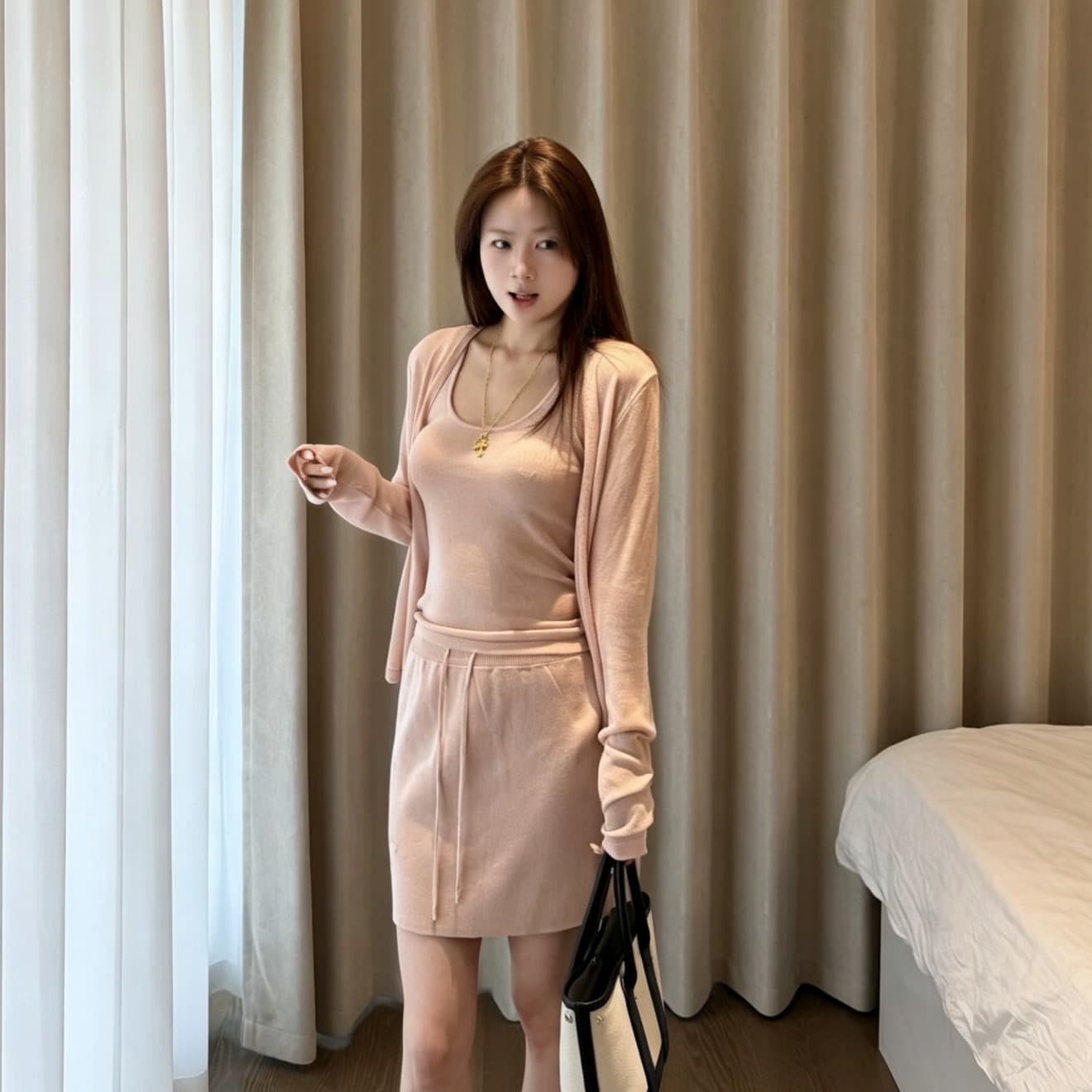 있음 선적 오래된 돈 느슨함 3종 세트 아마 대나무 마디 실 16 바늘 정밀 기계직 오픈 가디건 슬립 반 스커트 세트 이미지 5