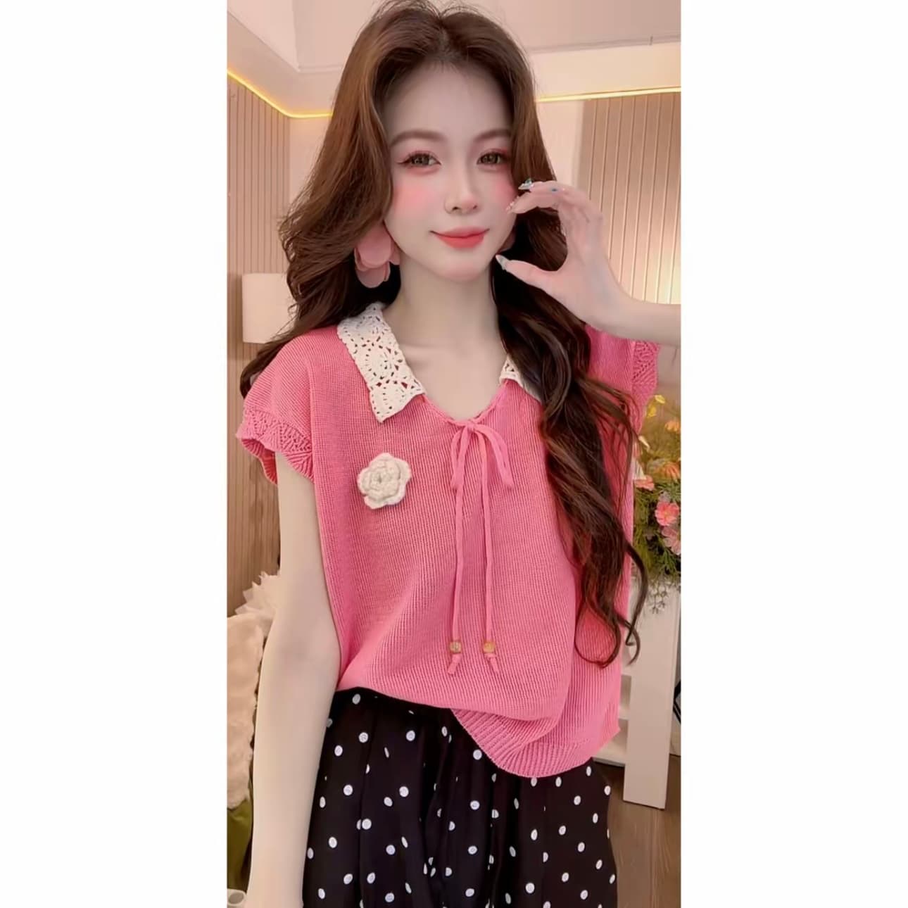 품격 패치워크 레이스 반팔 슬림해 보이는 다용도 2026 년 여름 루즈핏 단색 품격 패션 상세 이미지 3