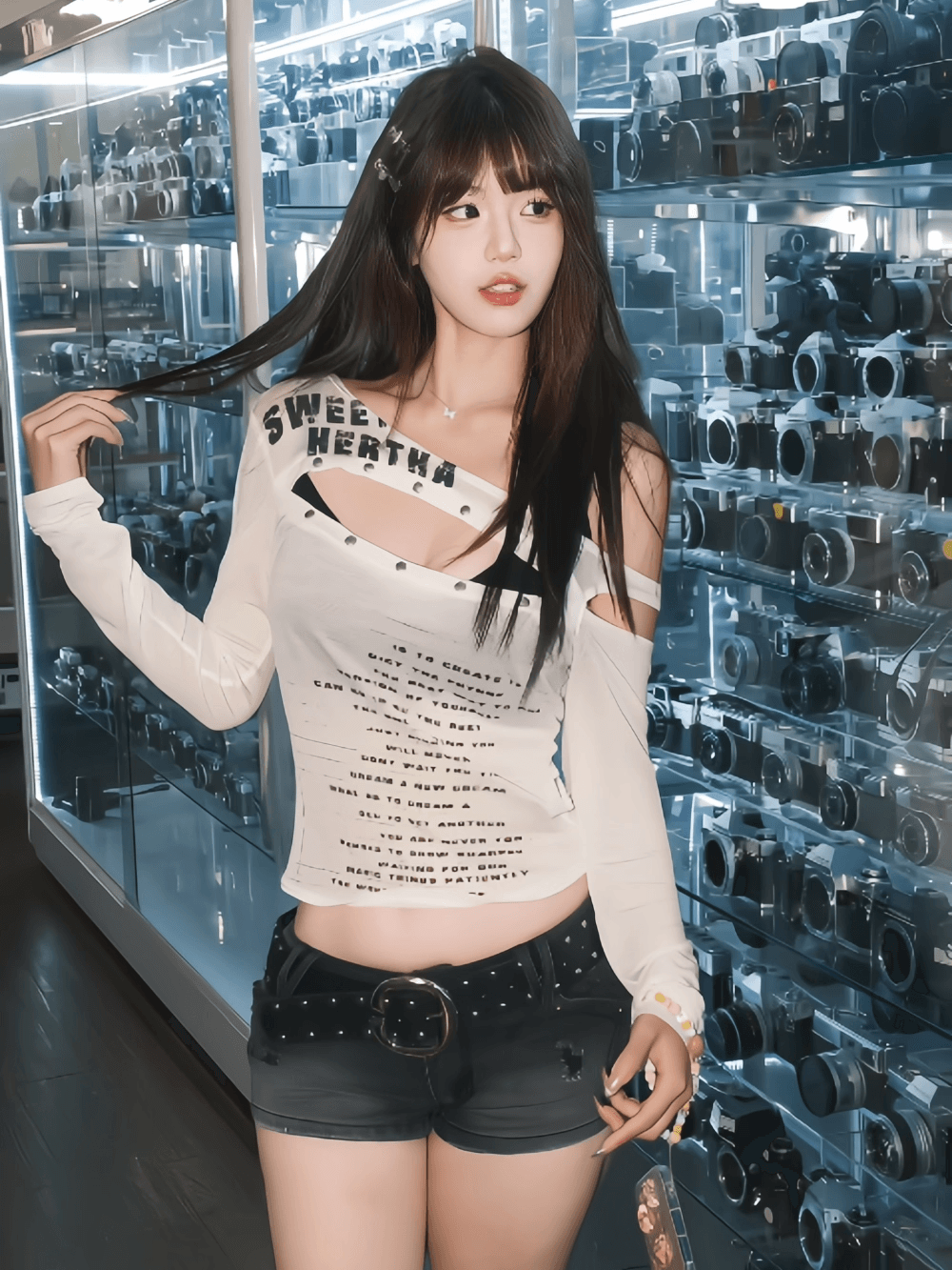 아메리칸 긴팔 비스듬한 어깨 마이크로 ~을 통해 핫걸 티셔츠 여성 여름 슬림해 보이는 쇼트 스타일 화이트 맨위 상세 이미지 2