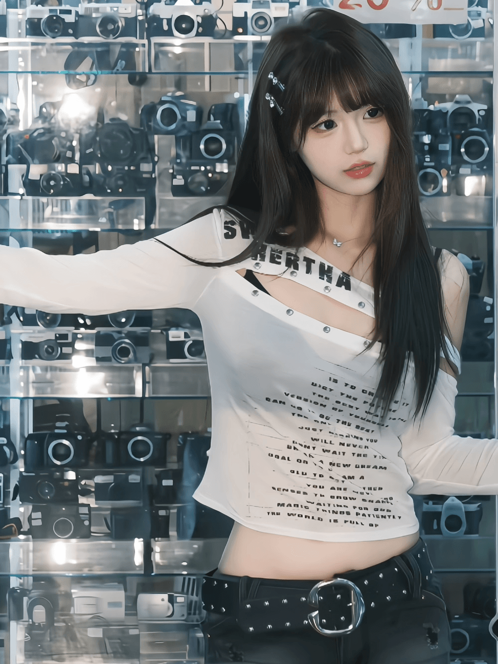 아메리칸 긴팔 비스듬한 어깨 마이크로 ~을 통해 핫걸 티셔츠 여성 여름 슬림해 보이는 쇼트 스타일 화이트 맨위 상세 이미지 3