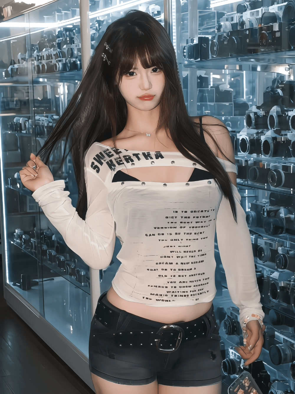 아메리칸 긴팔 비스듬한 어깨 마이크로 ~을 통해 핫걸 티셔츠 여성 여름 슬림해 보이는 쇼트 스타일 화이트 맨위 상세 이미지 4