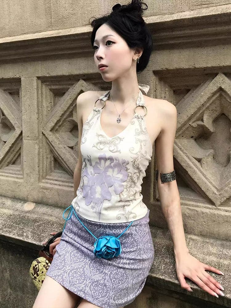 아메리칸 핫걸 꽃무늬 식물 버클 행침 목 조끼 여성 외출용 여름 허리 수축 몸매 가꾸기 슬림해 보이는 민소매 맨위 트렌디 상세 이미지 5