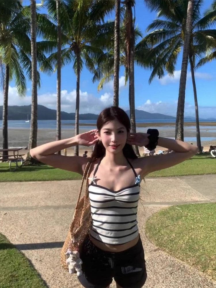 핫걸 순수한 욕망 스트라이프 행침 목 별 캐미솔 외출용 여름 품격 이슬 뼈의 쇼트 스타일 민소매 맨위 트렌디