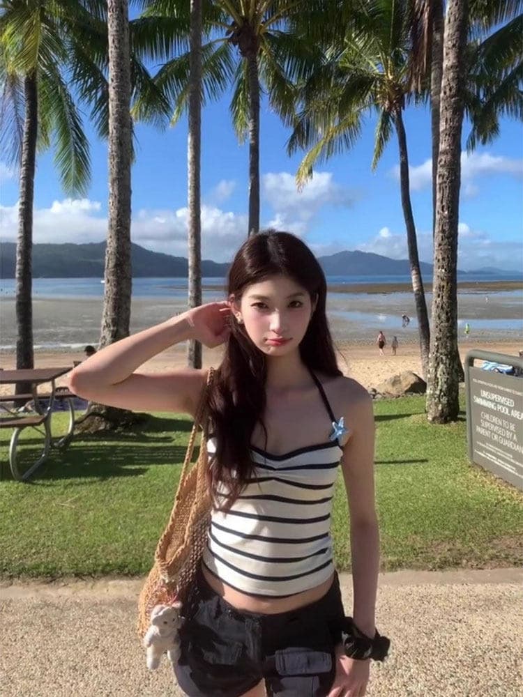 핫걸 순수한 욕망 스트라이프 행침 목 별 캐미솔 외출용 여름 품격 이슬 뼈의 쇼트 스타일 민소매 맨위 트렌디 상세 이미지 5