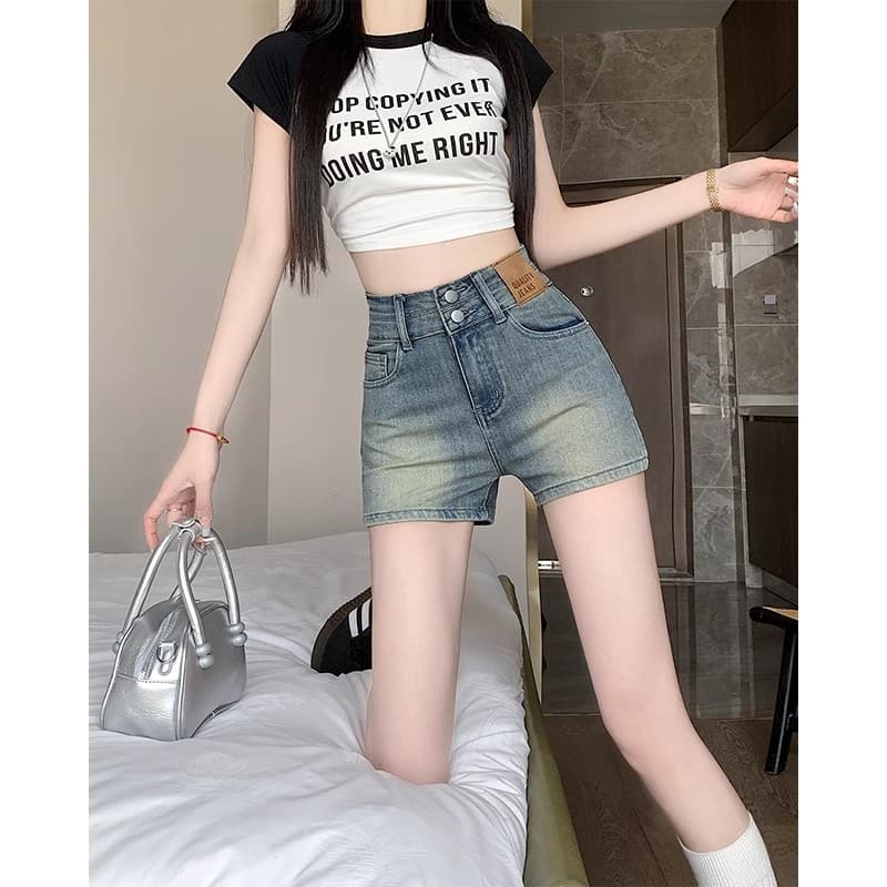 아메리칸 핫걸 데님 반바지 여성 여름 새로운 마 오래된 노란 진흙 색상 더블 버클 디자인 하이웨이스트 슬림해 보이는 뜨거운 바지 트렌디 상세 이미지 3