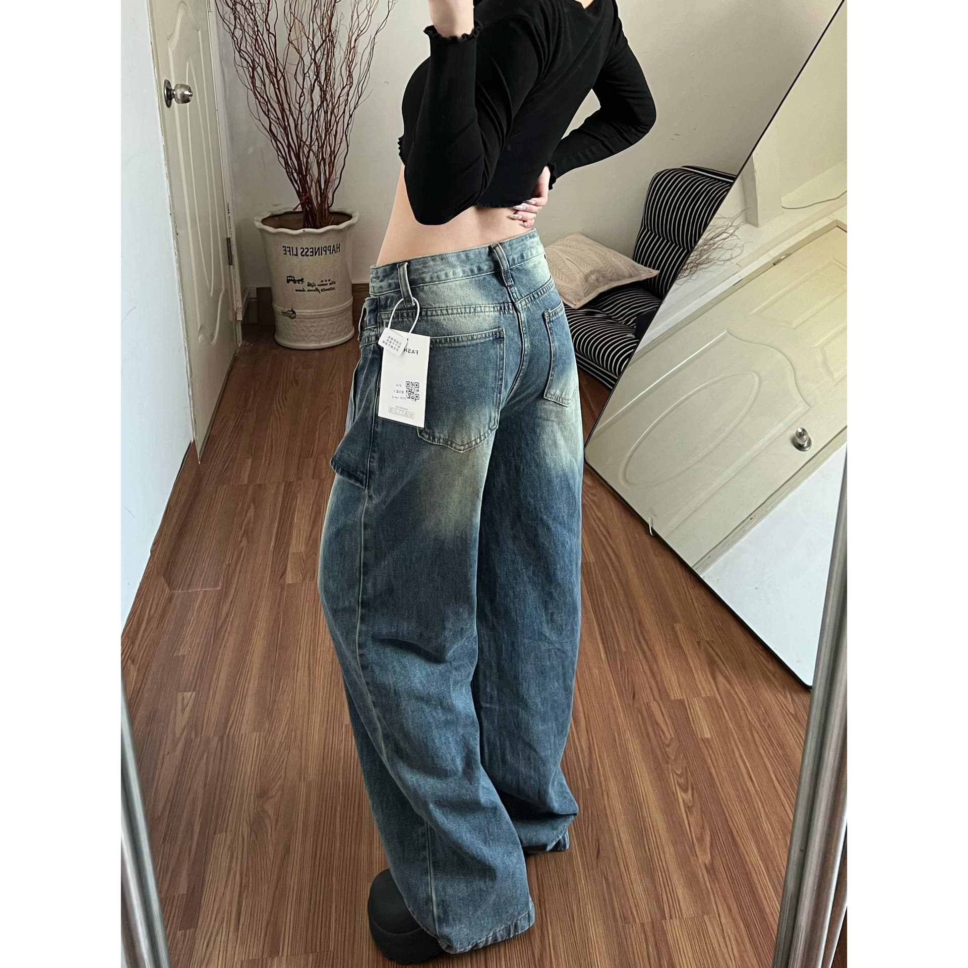 아메리칸 페이크 레이어드 랩스커트팬츠 넓은 다리 청바지 바지 여자 2026 봄 새로운 불규칙 다용도 바닥 청소 바지 이미지 3