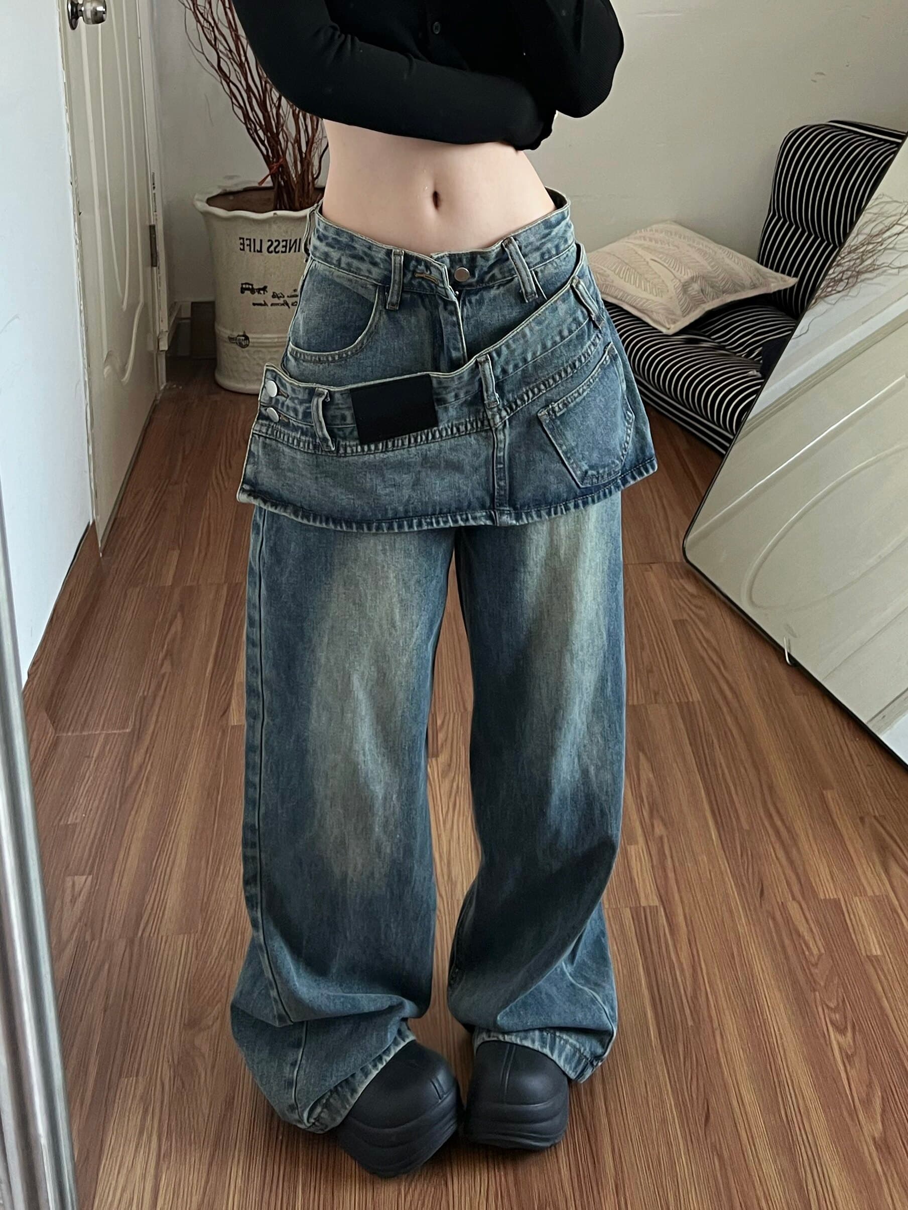 아메리칸 페이크 레이어드 랩스커트팬츠 넓은 다리 청바지 바지 여자 2026 봄 새로운 불규칙 다용도 바닥 청소 바지 상세 이미지 2