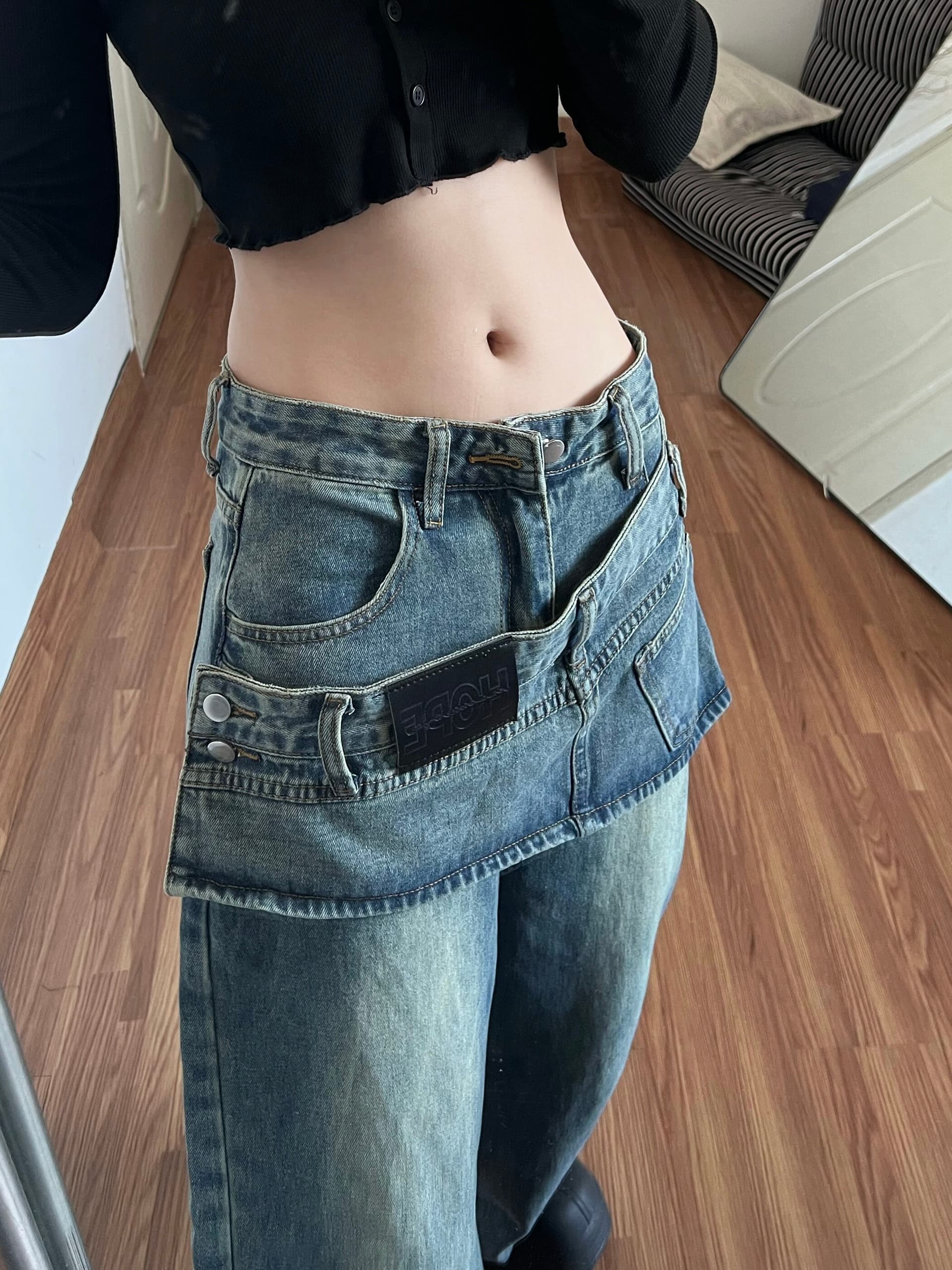 아메리칸 페이크 레이어드 랩스커트팬츠 넓은 다리 청바지 바지 여자 2026 봄 새로운 불규칙 다용도 바닥 청소 바지 상세 이미지 6