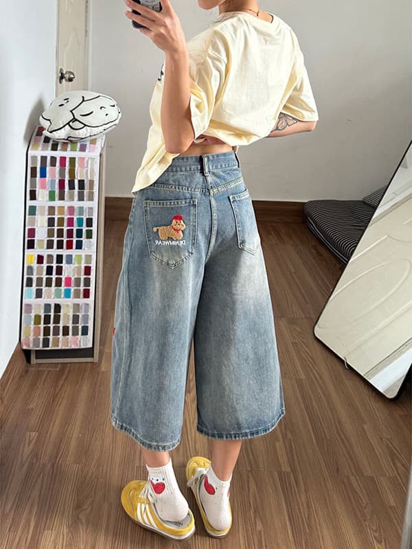 아메리칸 재미있는 강아지 자수 7 점 청바지 여성 여름 8 점 바지 벽오동 스트레이트 넓은 다리 6 점 반바지 이미지 2