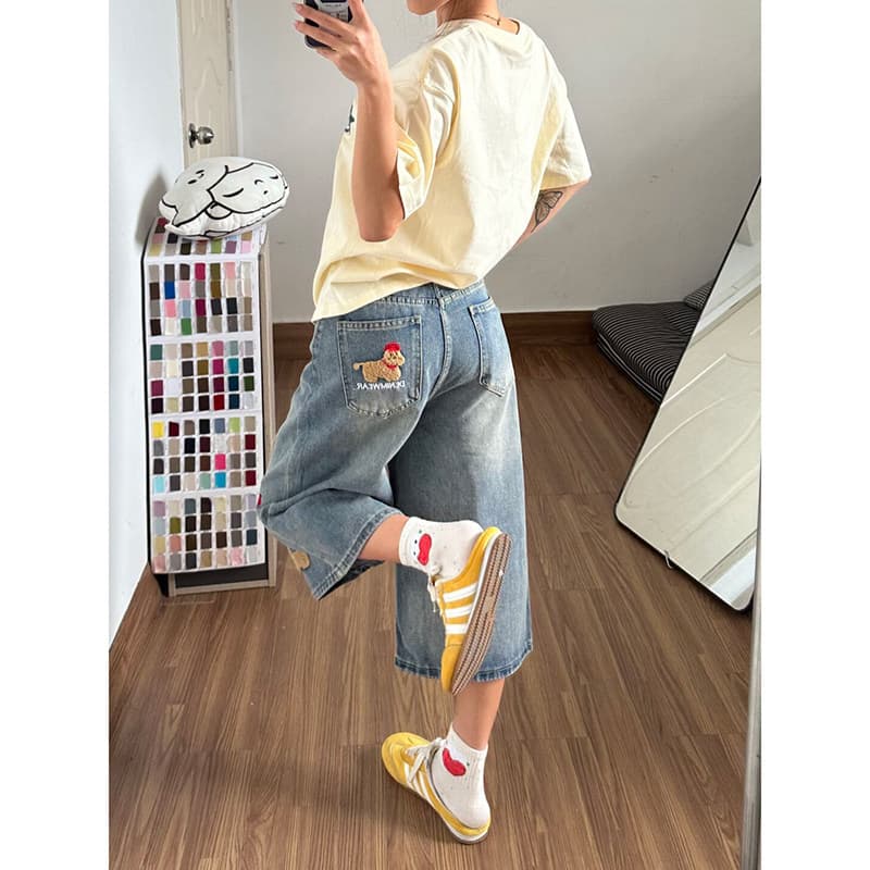 아메리칸 재미있는 강아지 자수 7 점 청바지 여성 여름 8 점 바지 벽오동 스트레이트 넓은 다리 6 점 반바지 상세 이미지 5