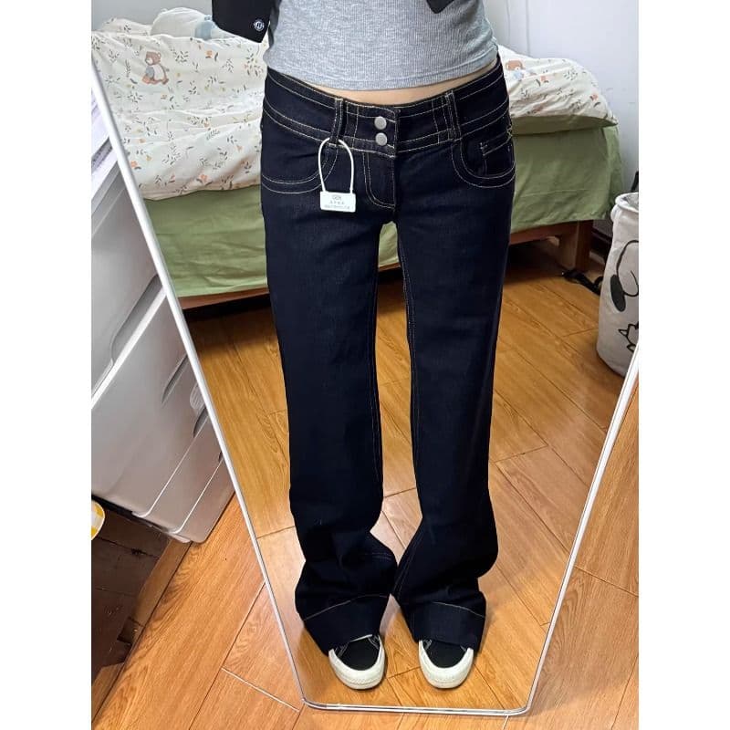 아메리칸 레트로 더블 허리 버클 아니요 막대기 다리 부츠컷 청바지 여성 봄과 가을 작은 대중 슬림해 보이는 다용도 로우 웨이스트 스트레이트 팬츠