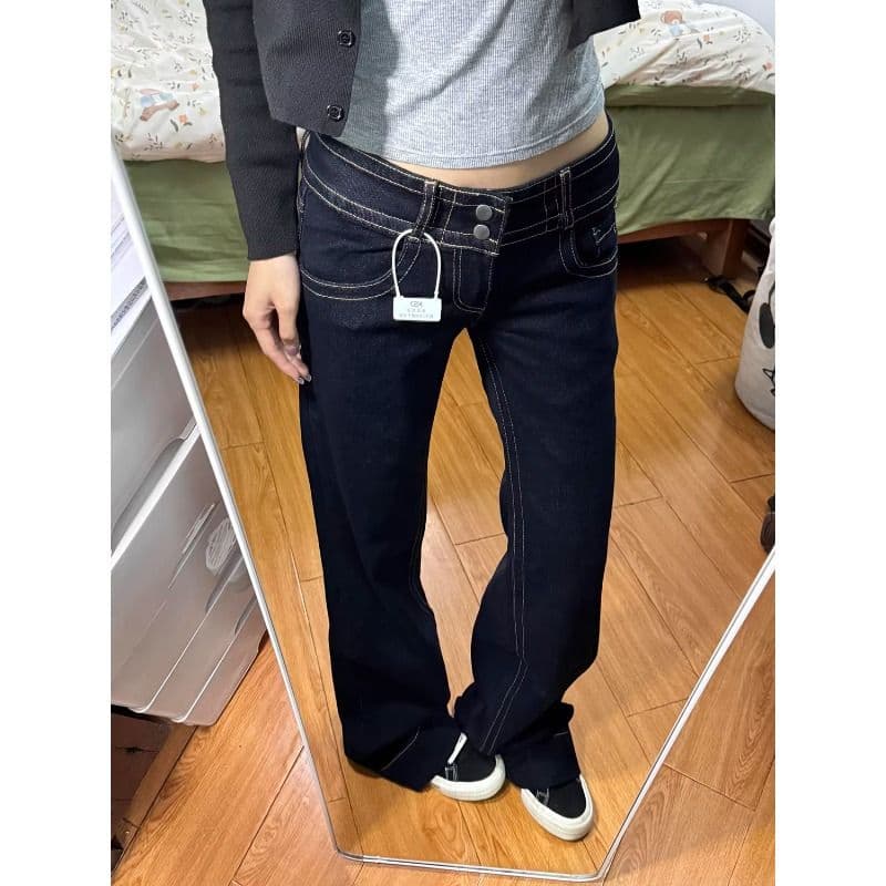 아메리칸 레트로 더블 허리 버클 아니요 막대기 다리 부츠컷 청바지 여성 봄과 가을 작은 대중 슬림해 보이는 다용도 로우 웨이스트 스트레이트 팬츠 이미지 3