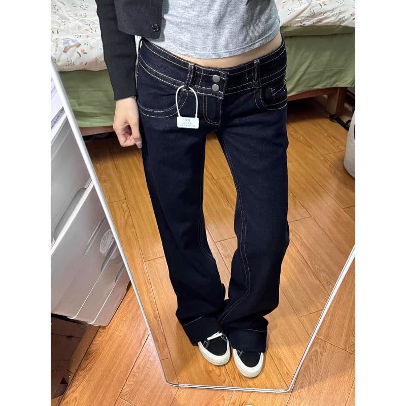 아메리칸 레트로 더블 허리 버클 아니요 막대기 다리 부츠컷 청바지 여성 봄과 가을 작은 대중 슬림해 보이는 다용도 로우 웨이스트 스트레이트 팬츠 이미지 5