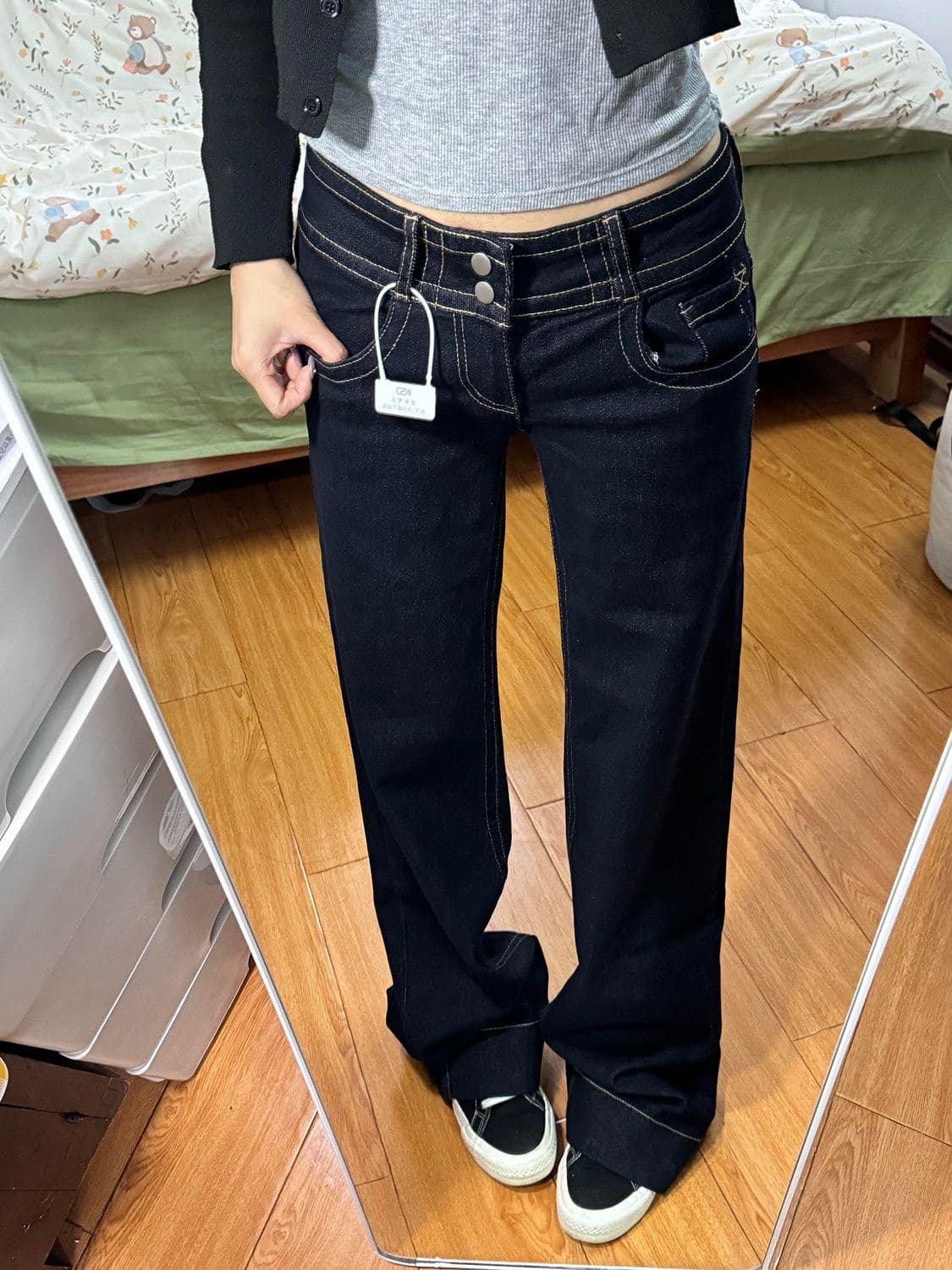 아메리칸 레트로 더블 허리 버클 아니요 막대기 다리 부츠컷 청바지 여성 봄과 가을 작은 대중 슬림해 보이는 다용도 로우 웨이스트 스트레이트 팬츠 상세 이미지 2