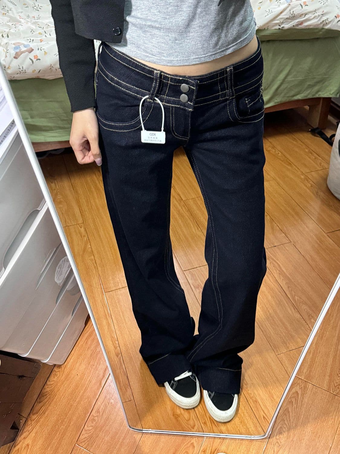 아메리칸 레트로 더블 허리 버클 아니요 막대기 다리 부츠컷 청바지 여성 봄과 가을 작은 대중 슬림해 보이는 다용도 로우 웨이스트 스트레이트 팬츠 상세 이미지 6
