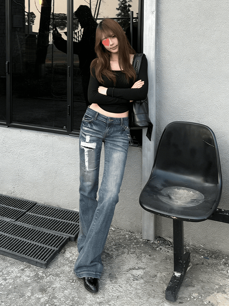 아메리칸 레트로 디자인 센스 십자가 청바지 아이들 여름 핫걸 새로운 몸매 가꾸기 슬림해 보이는 찢어진 부분 나팔 바지 상세 이미지 8