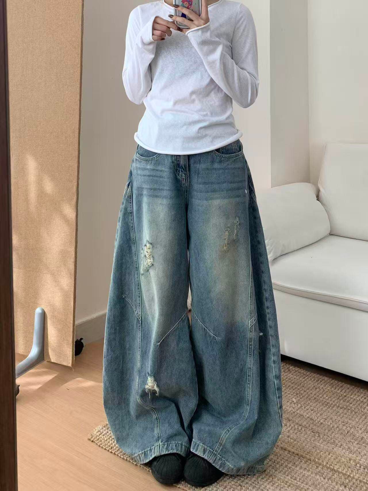 레트로 블루 하이웨이스트 찢어진 부분 넓은 다리 청바지 여성 봄 여름 새로운 루즈핏 슬림해 보이는 슈퍼 잘 생긴 ~ 중 모통이 칼 바닥 청소 바지 이미지 3