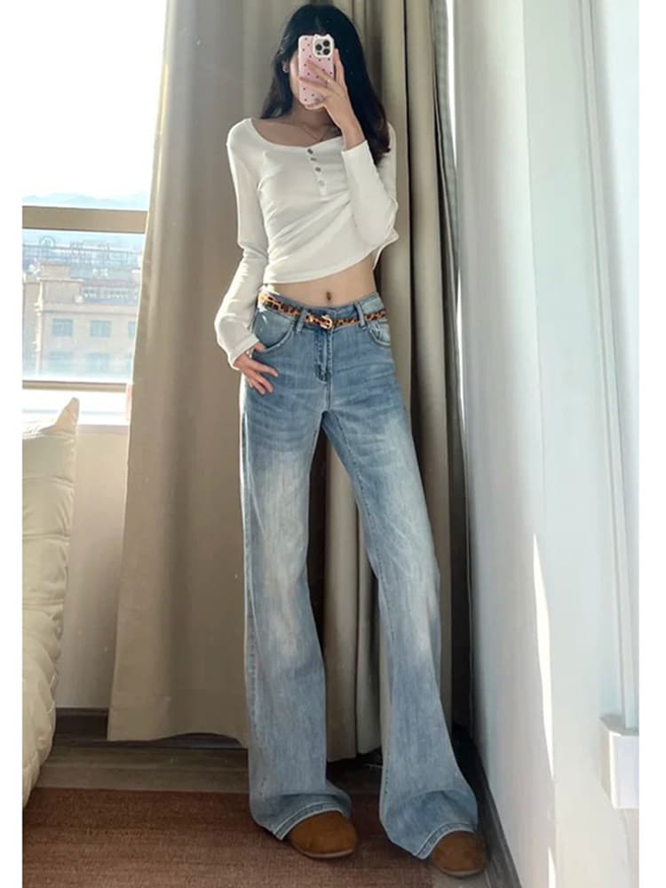 아메리칸 레트로 밝은색 부츠컷 청바지 여성 여름 2026 새로운 로우 웨이스트 루즈핏 스트레이트 넓은 다리 나팔 바지 상세 이미지 5
