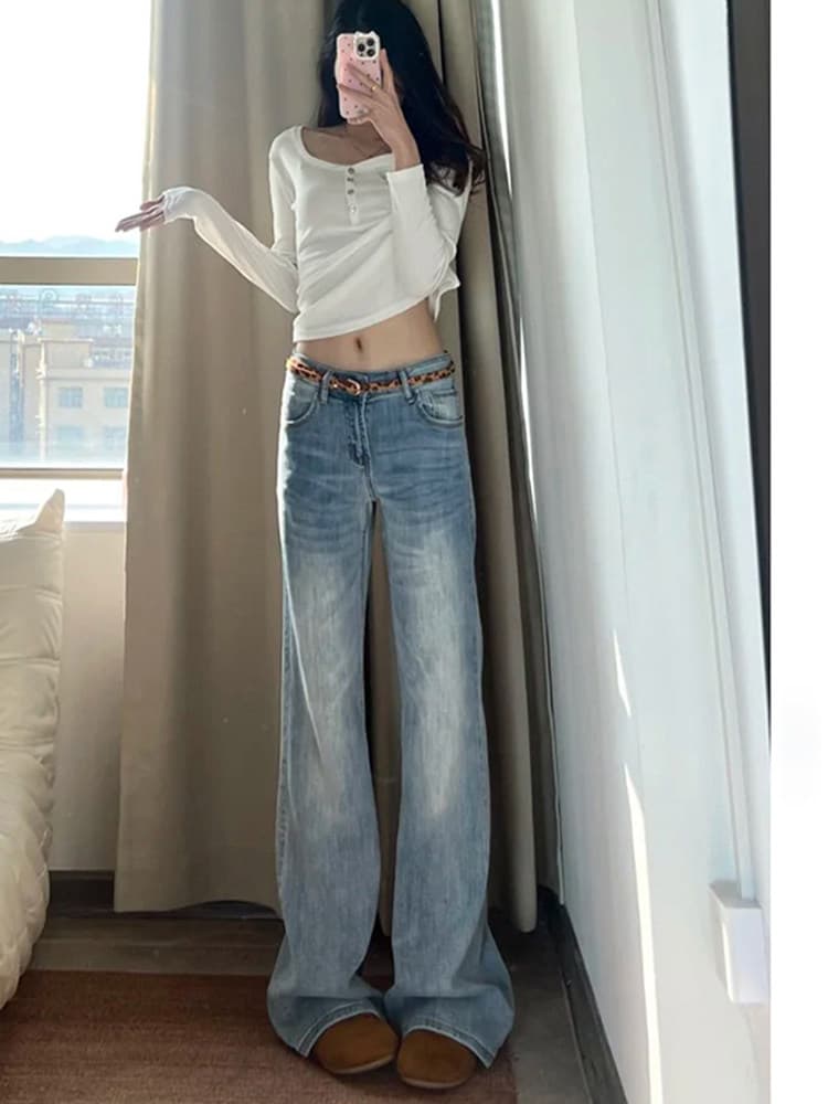아메리칸 레트로 밝은색 부츠컷 청바지 여성 여름 2026 새로운 로우 웨이스트 루즈핏 스트레이트 넓은 다리 나팔 바지 상세 이미지 6