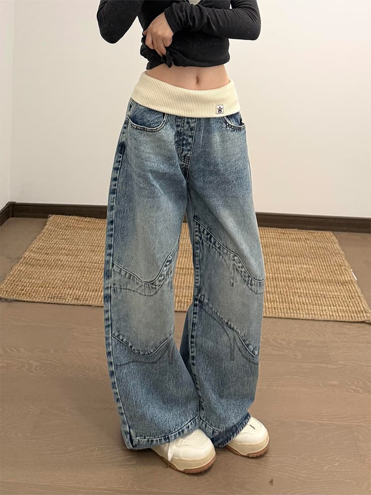 아메리칸 레트로 디자인 센스 리브 허리 머리 청바지 아이들 핫걸 마 오래된 워싱 루즈핏 스트레이트 바닥 청소 긴 바지 이미지 4