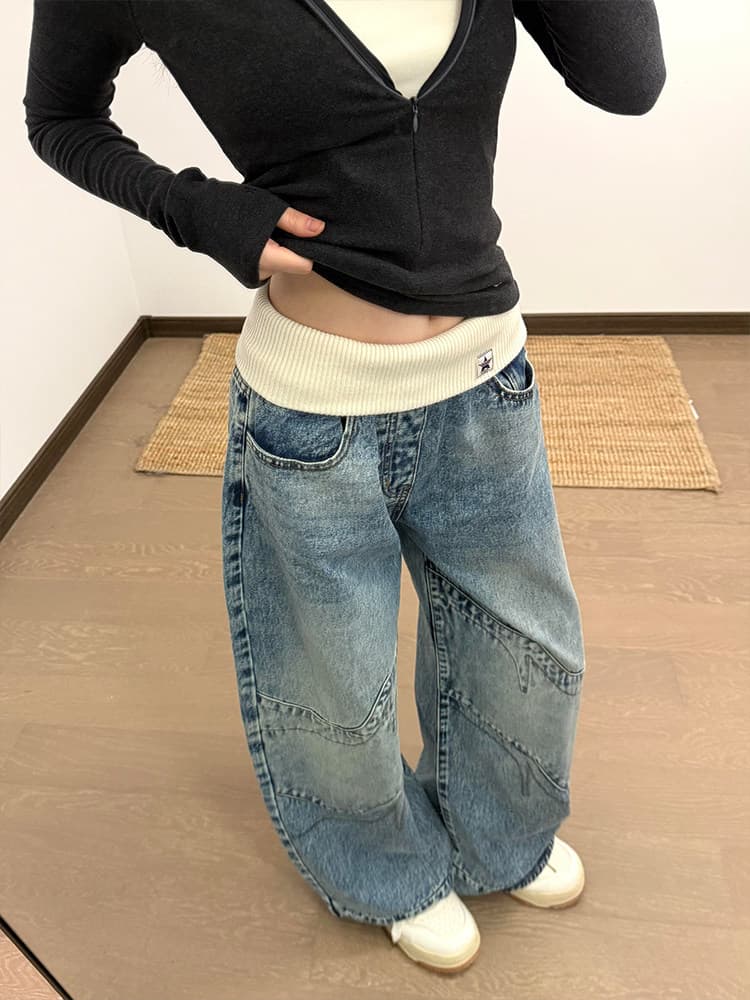 아메리칸 레트로 디자인 센스 리브 허리 머리 청바지 아이들 핫걸 마 오래된 워싱 루즈핏 스트레이트 바닥 청소 긴 바지 상세 이미지 3
