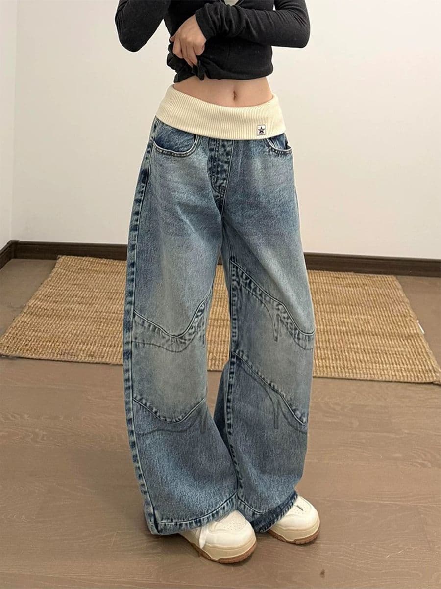 아메리칸 레트로 리브 허리 머리 스트레이트 청바지 여성 봄 여름 섹션 높음 거리 디자인 센스 루즈핏 슬림해 보이는 와이드 레그 팬츠 어린이 상세 이미지 1
