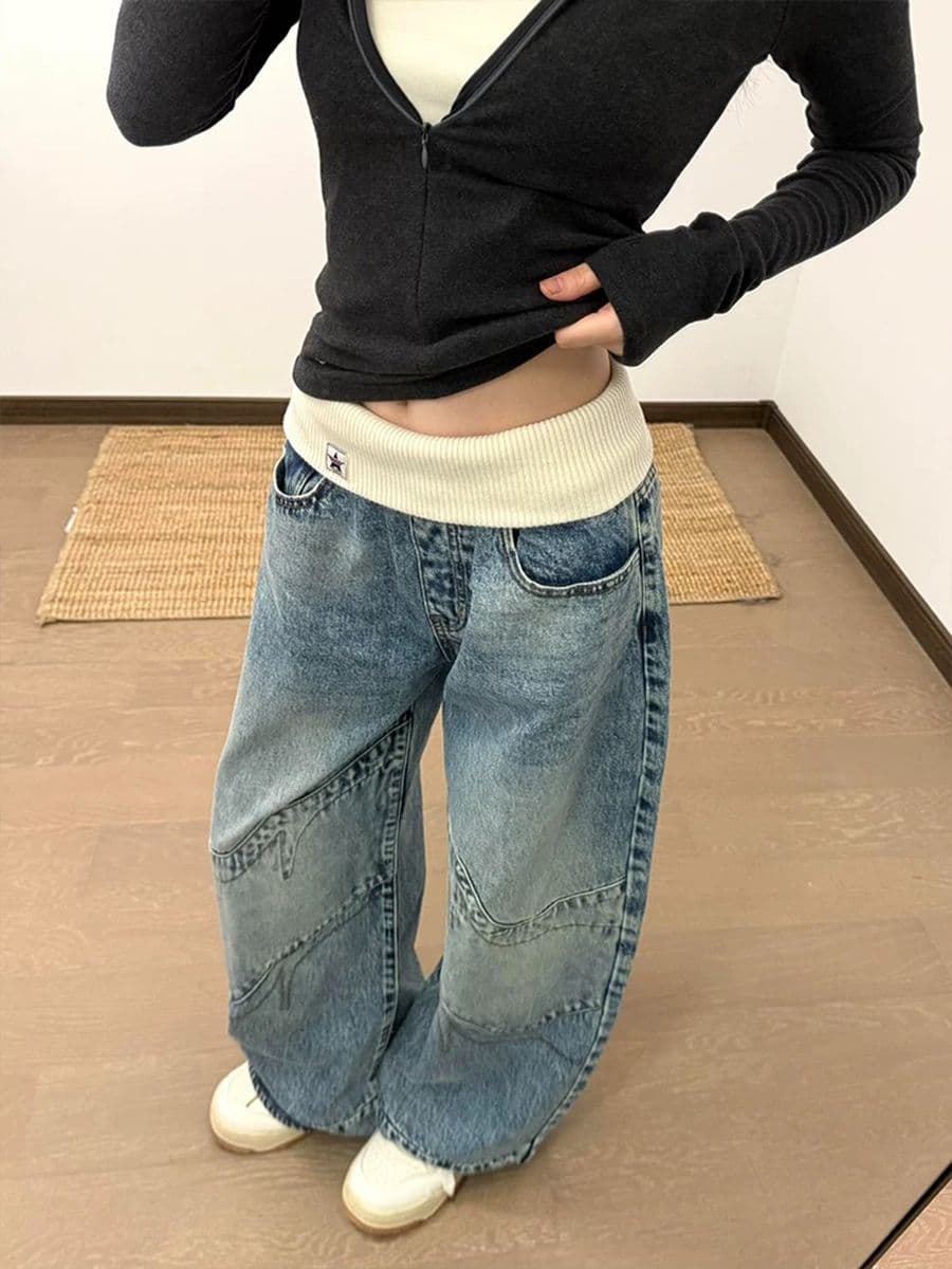 아메리칸 레트로 리브 허리 머리 스트레이트 청바지 여성 봄 여름 섹션 높음 거리 디자인 센스 루즈핏 슬림해 보이는 와이드 레그 팬츠 어린이 상세 이미지 5