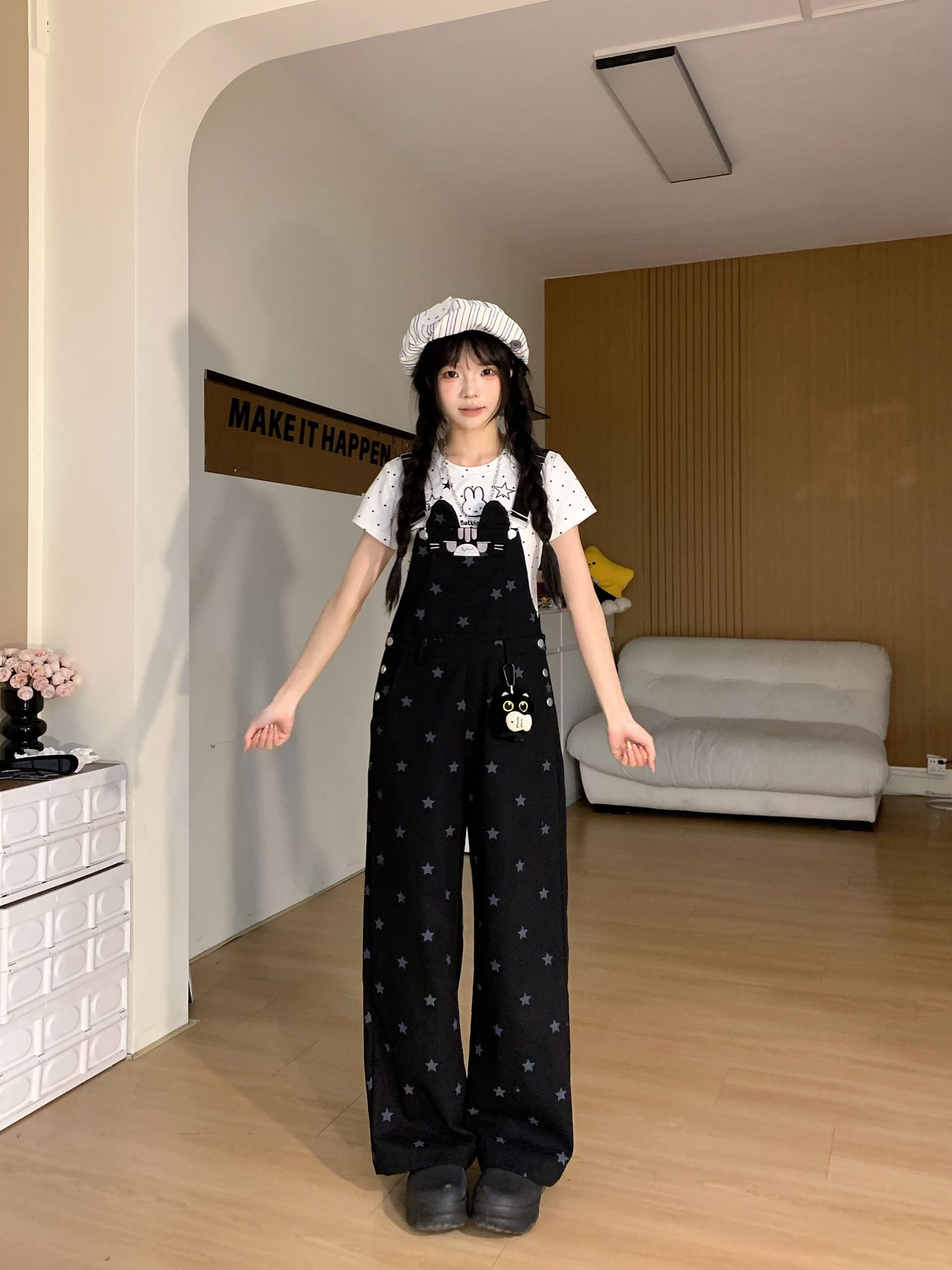 레트로 새끼 고양이 별 프린트 루즈핏 스트레이트 멜빵 바지 여성 연령 감소 캐주얼 긴 바지 이미지 4